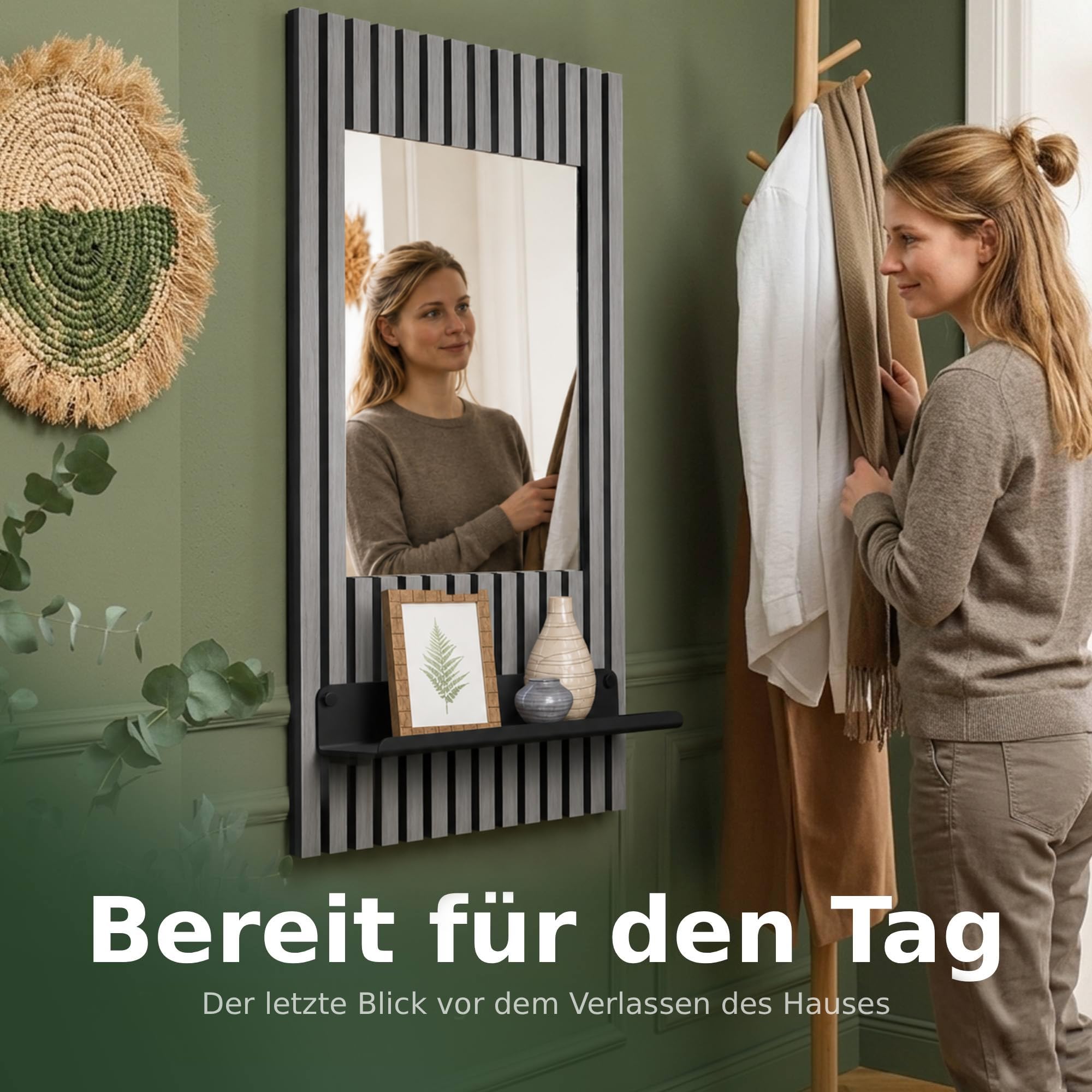 HOME LOVE Wandspiegel Flur mit Ablage 110×55 cm | Spiegel mit Regal für Schlüssel & Deko | Flurspiegel Wand mit höhenverstellbarer Ablage | Garderobenpaneel auch als Badspiegel