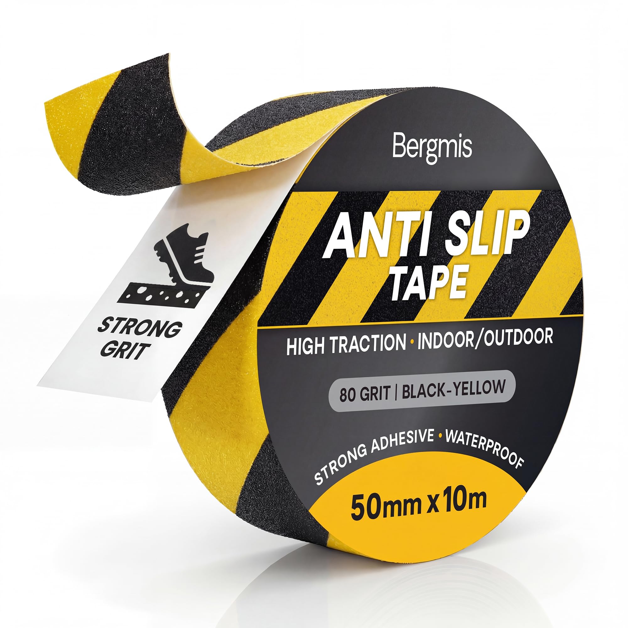 Bergmis Anti Slip Tape Yellow Black 50mm x 10m 80 Grit - Heavy Duty High Visibility Grip Tape - Hazard Colour Floor Marking for Stairs Decking Steps Ramps - Weatherproof Outdoor Hi Vis Safety