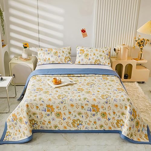 Juego de edredón Queen King con patrón floral, colcha acolchada de microfibra ligera para verano, juego de ropa de cama de 3 piezas, juego de