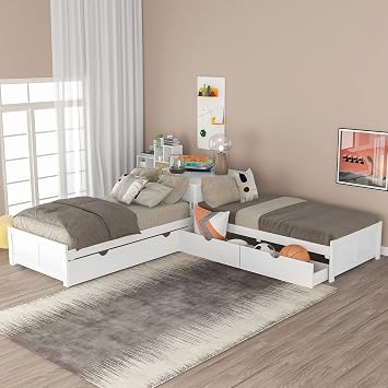 Bellemave L-Shape Twin Beds 2 Platform Beds with Trundle and Storage Drawers Linked with Flip Square Table Wood Twin Size Corner Bed for 3 Kids, Teens, Boys, Girls, White