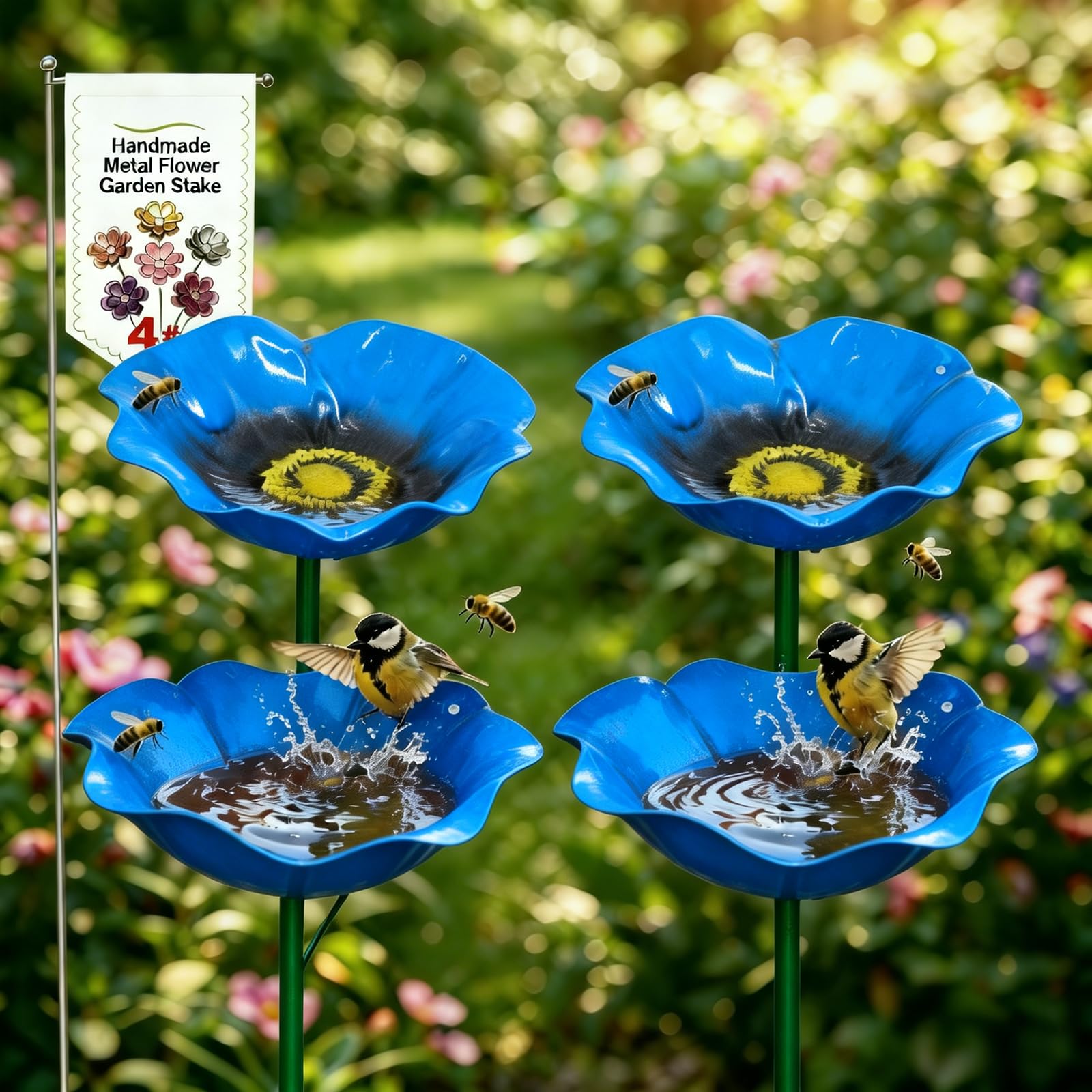 Metal Flower Garden Stakes Bird Bath Handmade, Flower Bird Feeder, Bees Bath for Garden Metal, Colorful Butterfly Bees Bath Bowl for Outdoor Yard Decor (4PCS-Blue)
