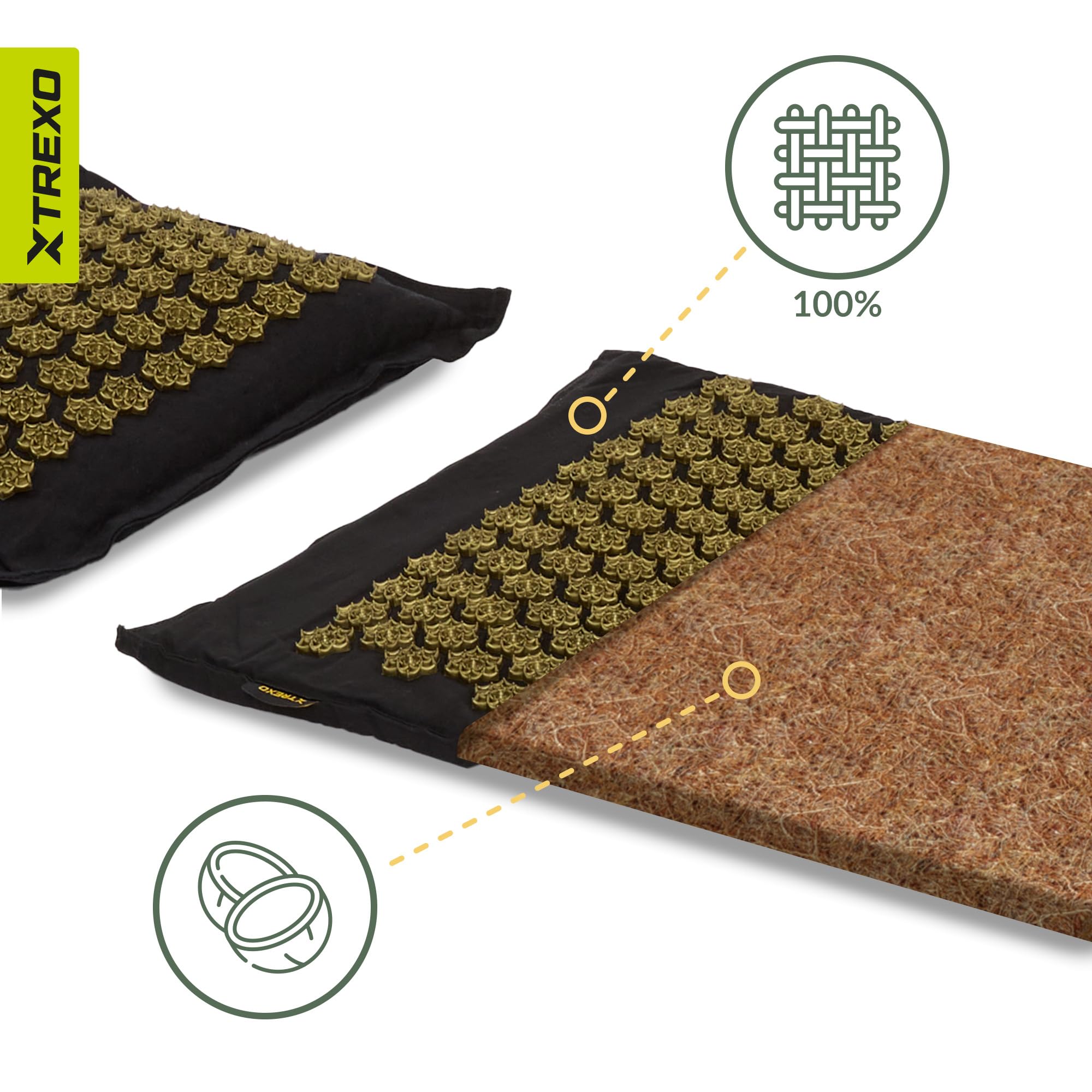 XTREXO Eco mata do akupresury z poduszką 40 x 30 cm w kolorze czarnym z rozmiarem maty 68 x 44 x 2 cm, z lnu i PCW, mata akupunkturowa, redukuje napięcia, wspomaga sen