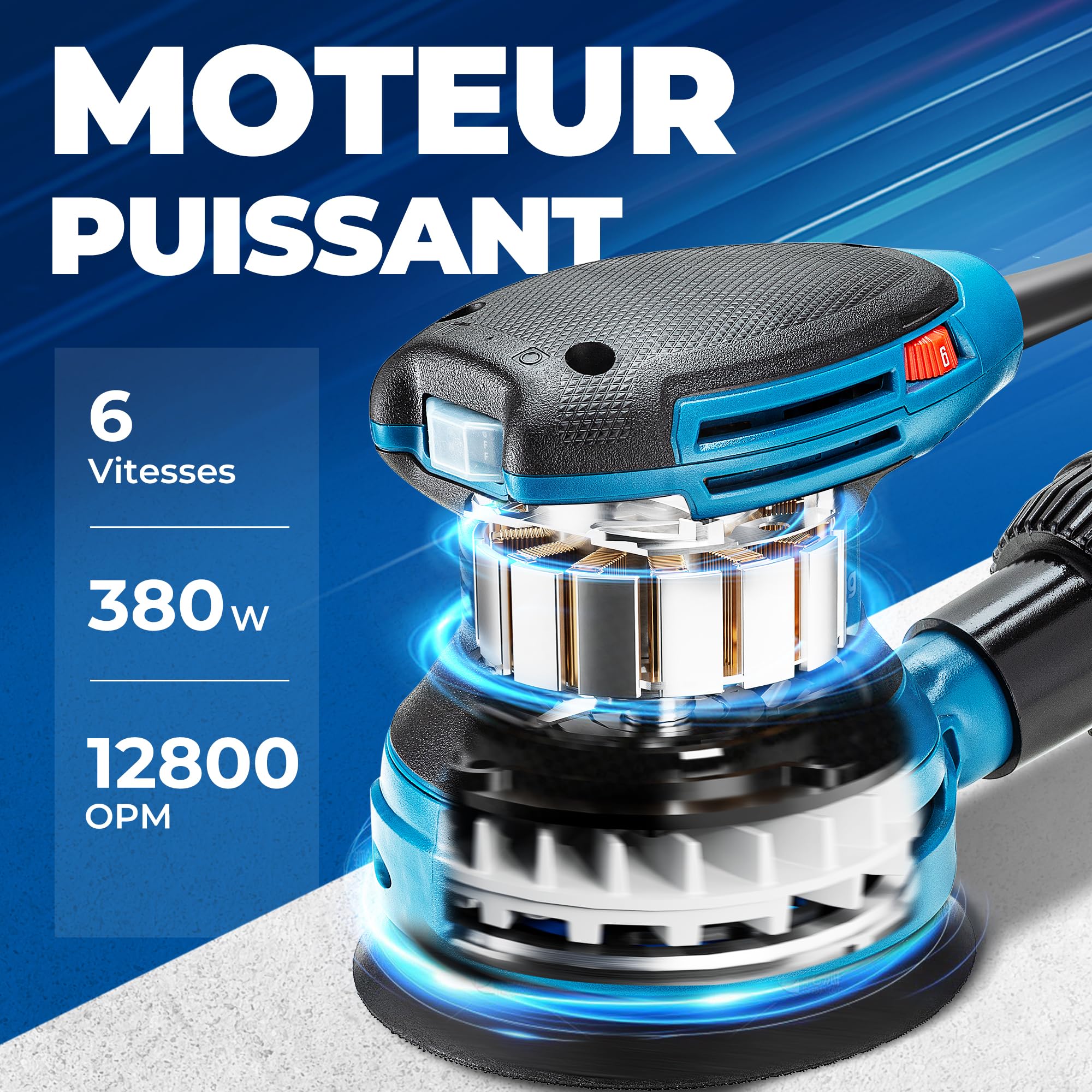 DongCheng Ponceuse Excentrique 380W Professionnelle,20 Disques Abrasifs et Sac à Poussière, Compatible Aspirateur,125mm Ponceuse orbitale,6 Vitesses 8000-12800 tr/min pour le Ponçage Bois et Finitions