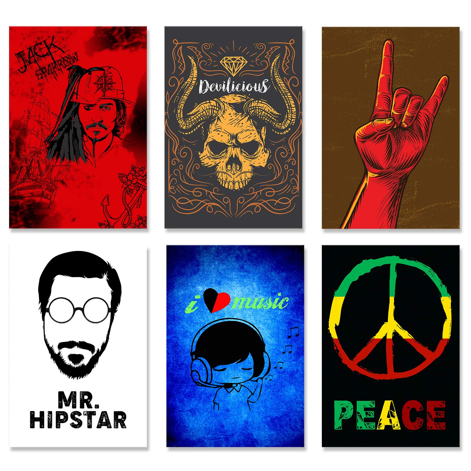 ZEBO TREND Captain Jack Sparrow - Evill Bull Skul - Being high Peace Design Combo Set of 6 Wall Posters, Posters Frame Not Included,�Paper Print Fine Art (12 inch X 18 inch Rolled, Multicolour)