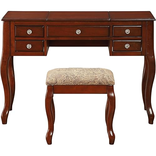Poundex F4147 Bobkona Cailyn Flip Up Mirror vanity Set with Stool in Cherry