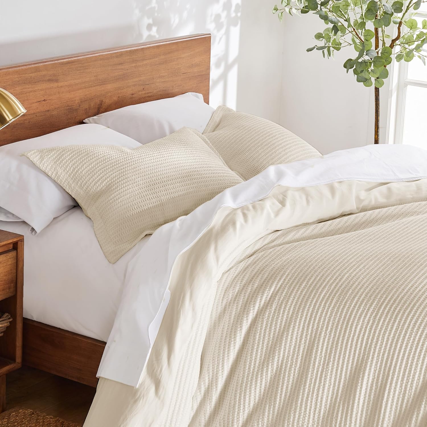 Levtex Home Cloud Waffle King/Cal King Comforter Set (106x94in) with 2 Pillow Shams (36x20in) - Solid Waffle Cotton Texture - Undyed Cream - Cotton King Size Comforter Set - Soft, Pre-Washed