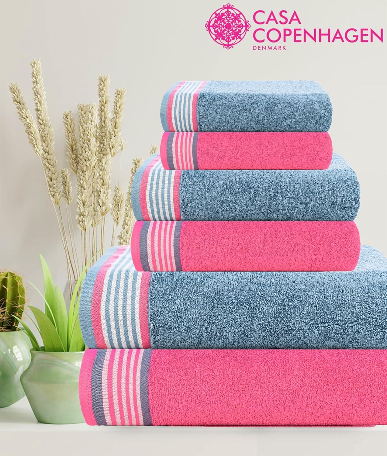 Casa Copenhagen Ensemble Serviettes 6 pcs He & She, Bleu +Rose, 550 g/m², 2 Bain, 2 essuie-Mains, 2 Gants Toilette, conçu au Danemark, fabriqué à partir de en Coton égyptien pour Cuisine et Douche