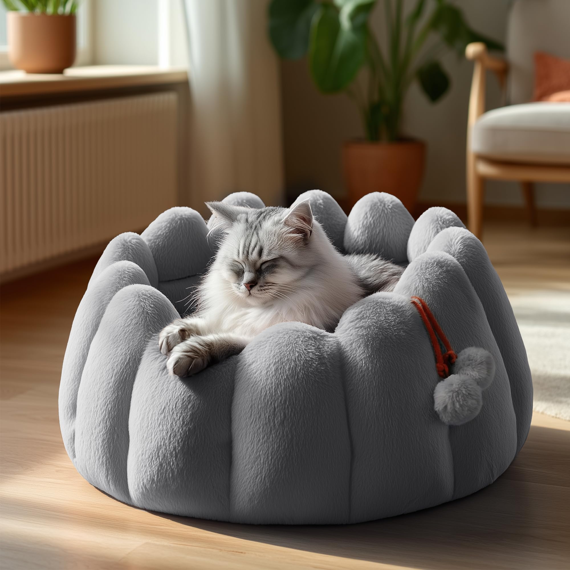 PETNOVO Pumpkin Calming Dog Bed, Super Soft Faux Rabbit Fur Cat Bed with Non-Slip Pet Nest, Machine Washable with High Wall Cat Bed for Indoor Cats, 50 x 50 x 30 cm, Grey