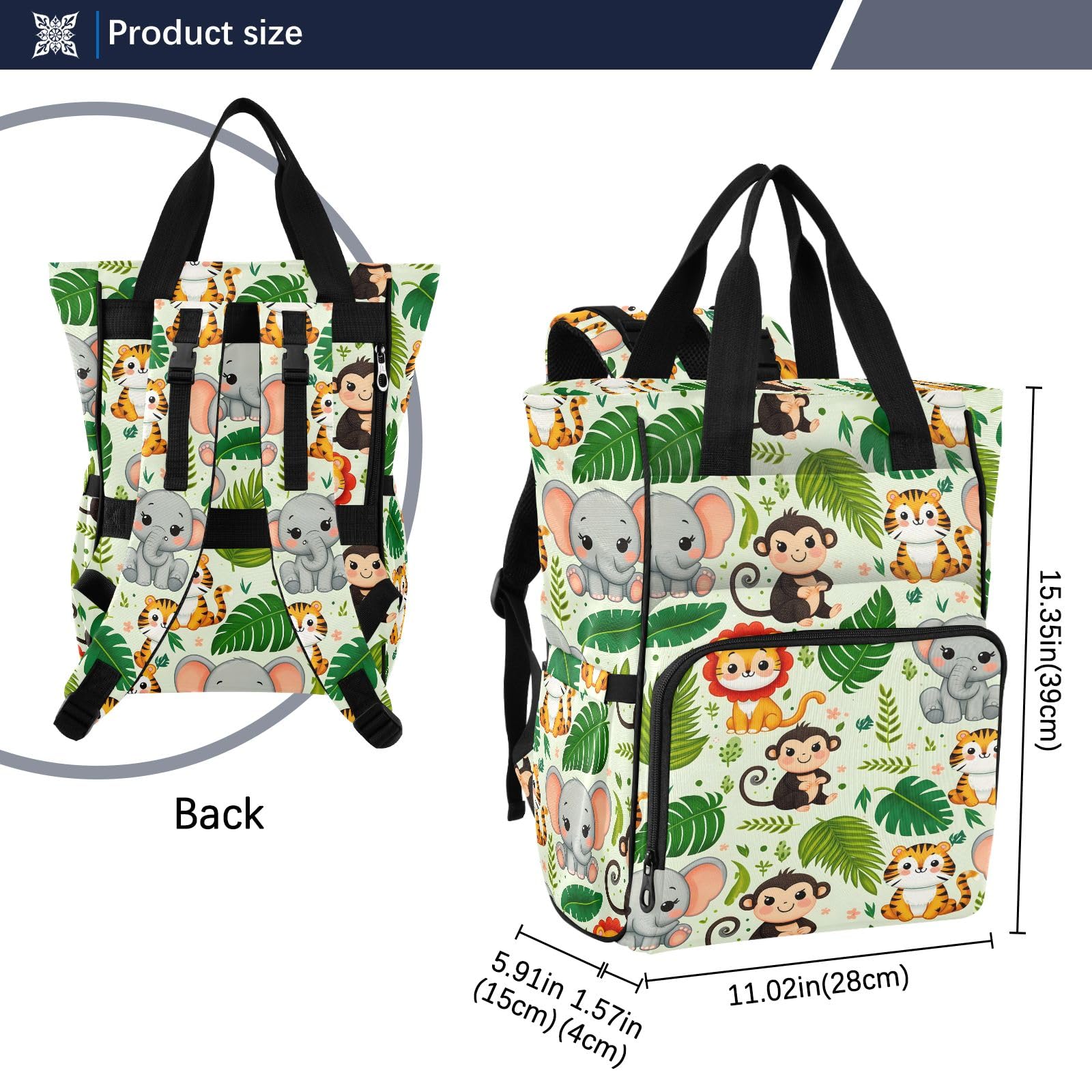 Mnsruu Simpatici animali della giungla con motivo a foglie di palma senza cuciture sfondo borsa per pannolini per bambini zaino grande borsa impermeabile da viaggio borse per pannolini per mamme e