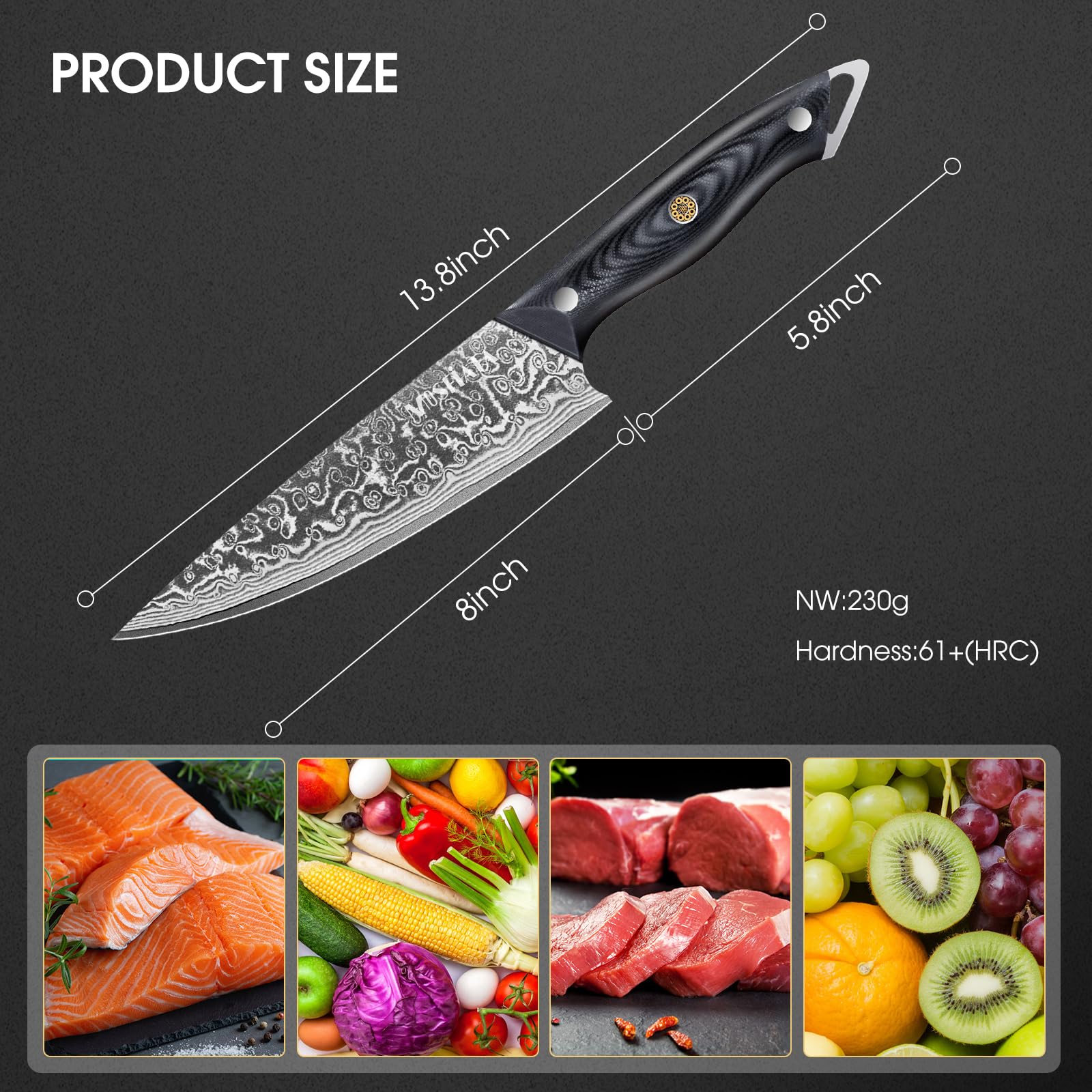MOSFiATA Couteau de Chef Professionnel Damas 20 cm, Tranchant et Durable