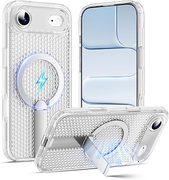 COOYA for iPhone Air Heat Dissipation Case, 2-Layers Cooling Breathable Hole with Magnetic Ring & Metal Kickstand, Corners Reinforced Drop Protection Shell, Anti-Yellowing Cover, 6.5, Translucent