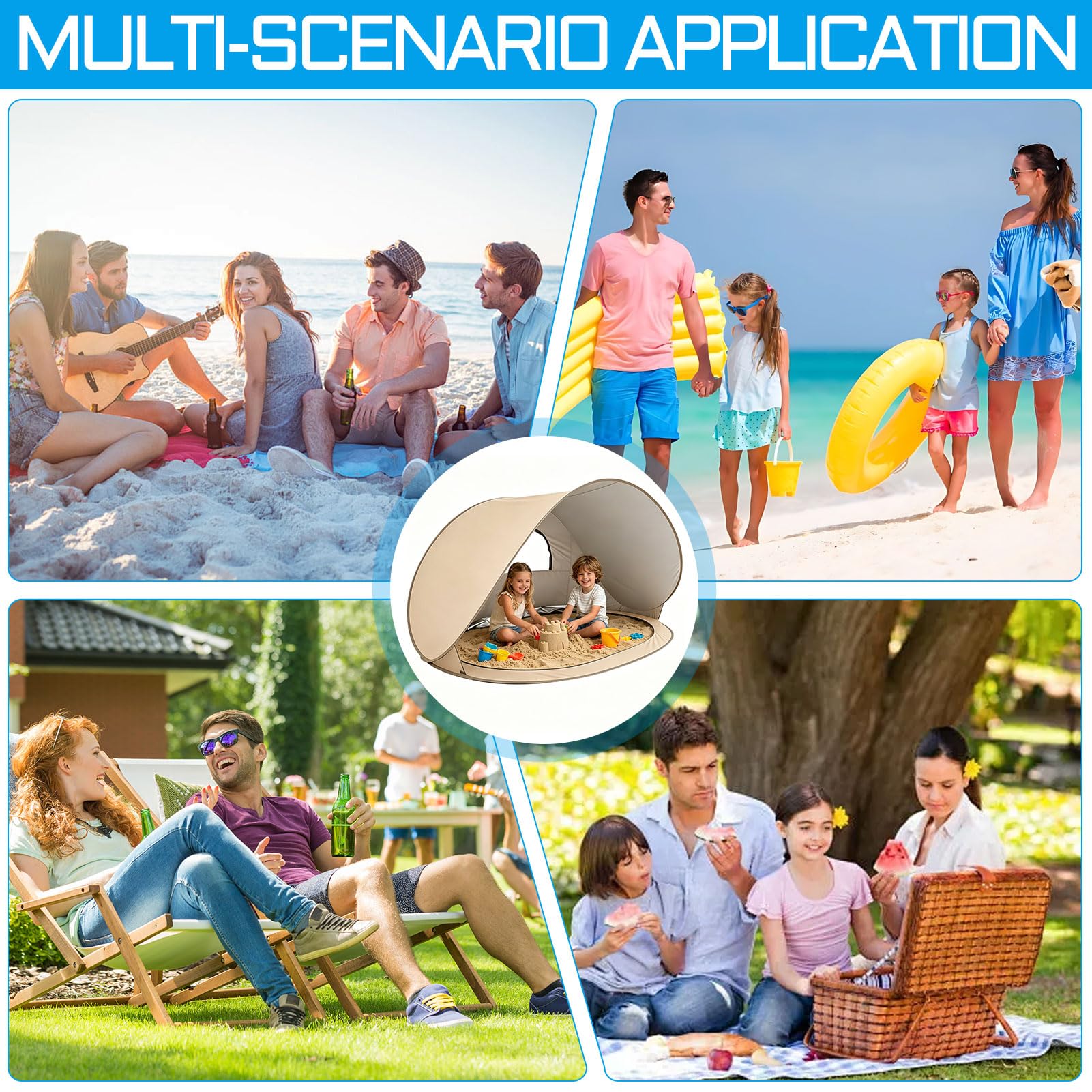 Pop-Up Zelt Strandmuschel mit UV-Schutz 40+, 200 * 120 * 100cm Pop Up Strandmuschel mit 6 Haken, 3-4 Personen Strandzelt, Windschutz Sonnenschutz Strand, UV Strand Zelt für Camping Strand