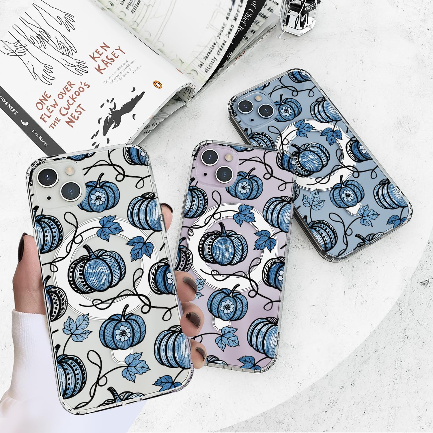 CozyNestCYMagnetic Cute Retro Leaves Case for iPhone 15 Pro Max Aesthetic Pumpkin Pattern Phone Cover Compatible with Mag Safe Wireless Unique Design Shell Anti-Yellow Shockproof Protective image 5