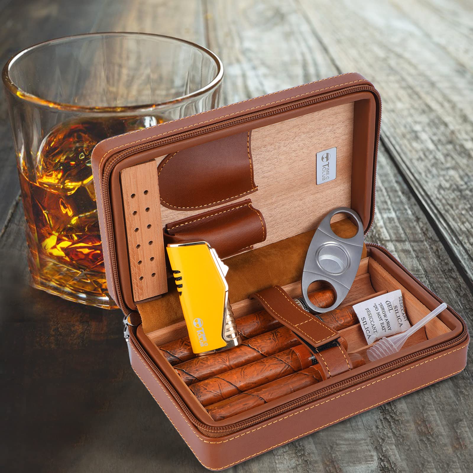 Etui de voyage portable pour 4 cigares, Coupe-cigare, Briquet ，Humidificateurpour cigares avec Coupe-cigare et Humidificateur, Cadeau pour lesPetits Amis, Cadeaud'anniversaire