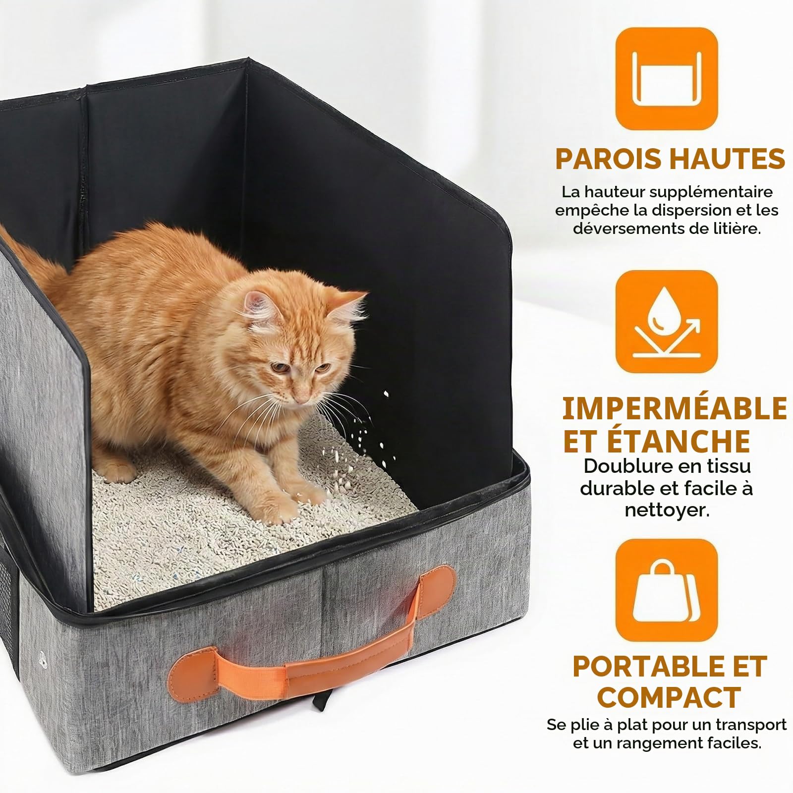 Bac À Litière De Voyage, Bac Litiere pour Chat Portable Et Pliable, Caisse Chat Litiere Et Portable, Litiere De Voyage en Tissu Oxford, Le Camping, Pliable, Étanche, 50 X 40 X 28 Cm, Gris