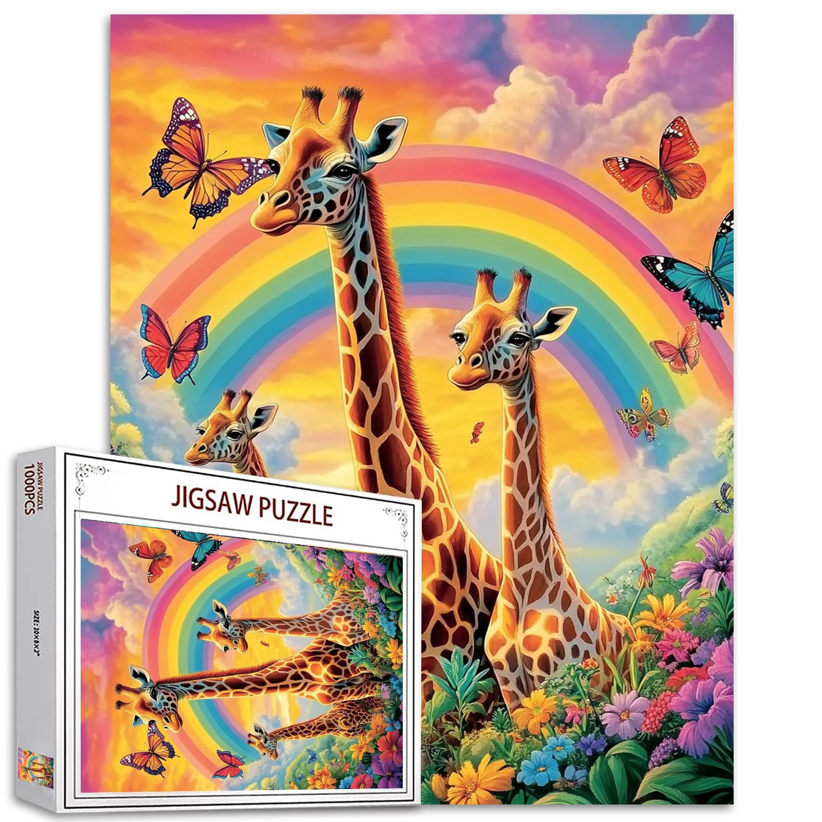Forest Animal Jigsaw Puzzles 1000 Pieces for Adults, Families (Giraffe,Butterfly,Rainbow,Flowers,Mountain) Pieces Fit Together Perfectly 19.7''x27.6''inch Landscape Frameable Magic Puzzle Art Gift — image 1