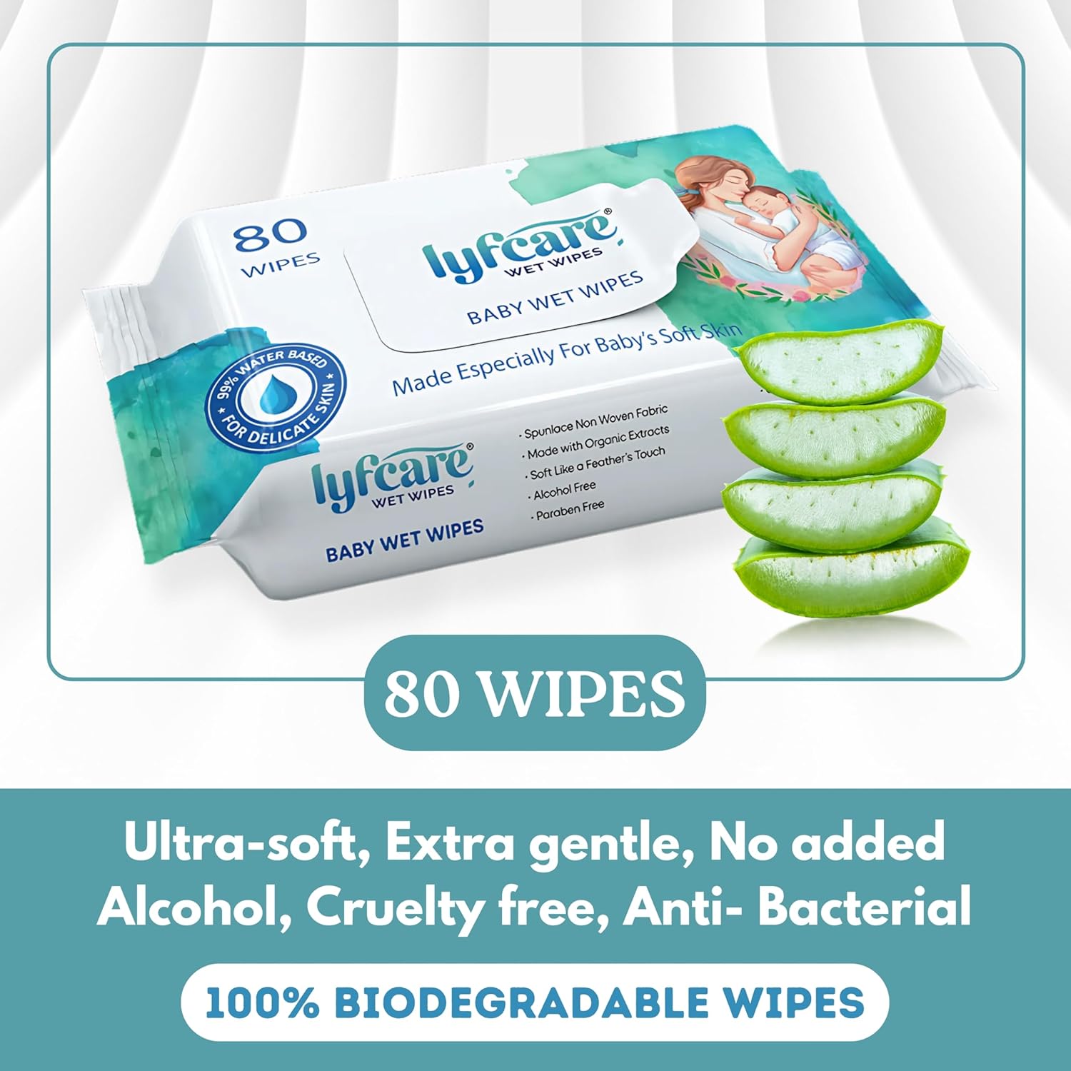 Lyfcare soft cleansing baby wipes bidout lid | 80 Wipes X Pack of 1 - 80 Wipes | For a new birth child. Aloe Vera, prevents rashes and redness with the goodness of vitamin E. Alcohol and Parabeen Free Lyfcare soft cleansing baby wipes bidout lid | 80 Wipes X Pack of 1 - 80 Wipes | For a new birth child. Aloe Vera, prevents rashes and redness with the goodness of vitamin E. Alcohol and Parabeen Free