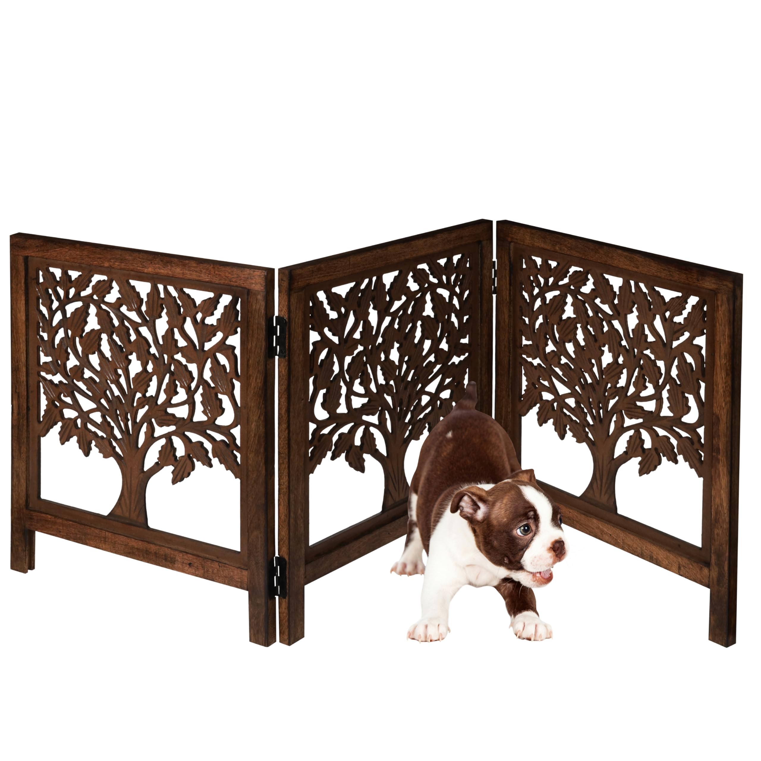 Wooden Free Standing Dog Gate, Decorative Foldable Pet Gate for Doorways, Extra-Wide 3-Panel Dog Fence, 24'' Height, Natural