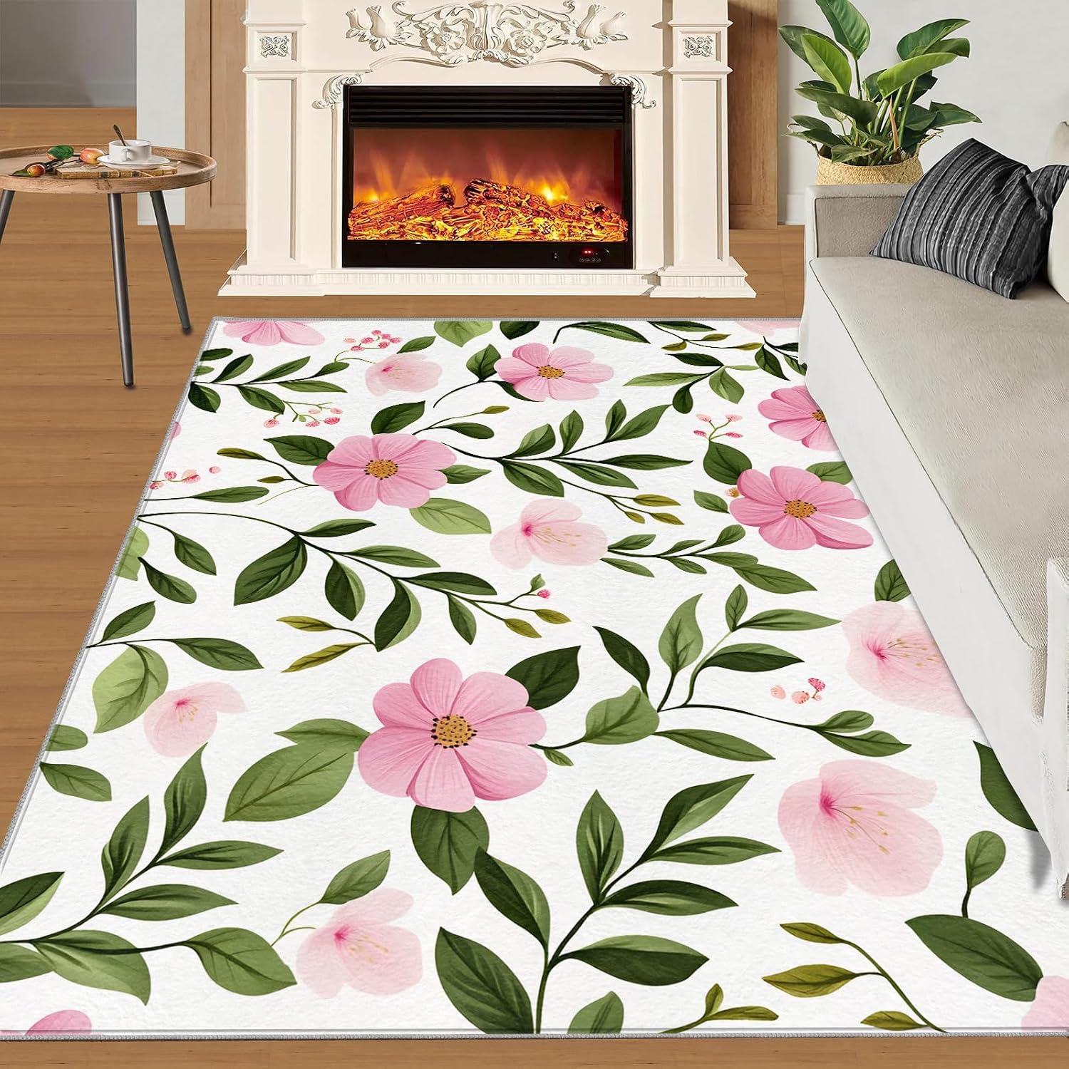Florals Area Rugs 4x5 - Pink Florals Rug for Entryway, Simple Flowers Washable Entry Way Rugs Kids Carpet for Inside House Playroom Living Room End Table Nursery