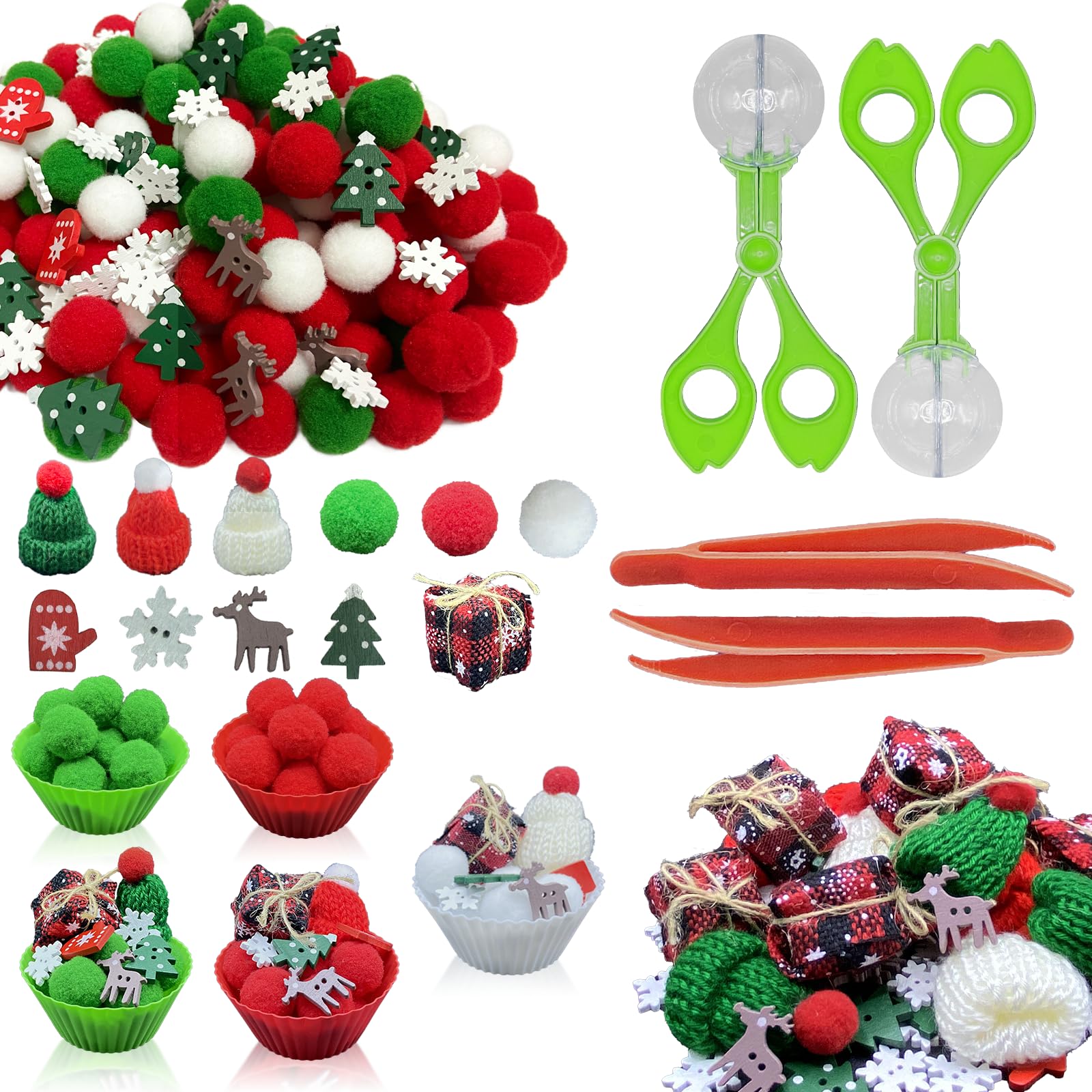 176 Pcs Christmas Sensory Bin Filler Fine Motor Toys Counting Sorting Winter Sensory Bin Items 100 Pom Poms 50 Wodden Ornaments 10 Xmas Knit Hats 5 Xmas Gift Boxes for Early Childhood Education
