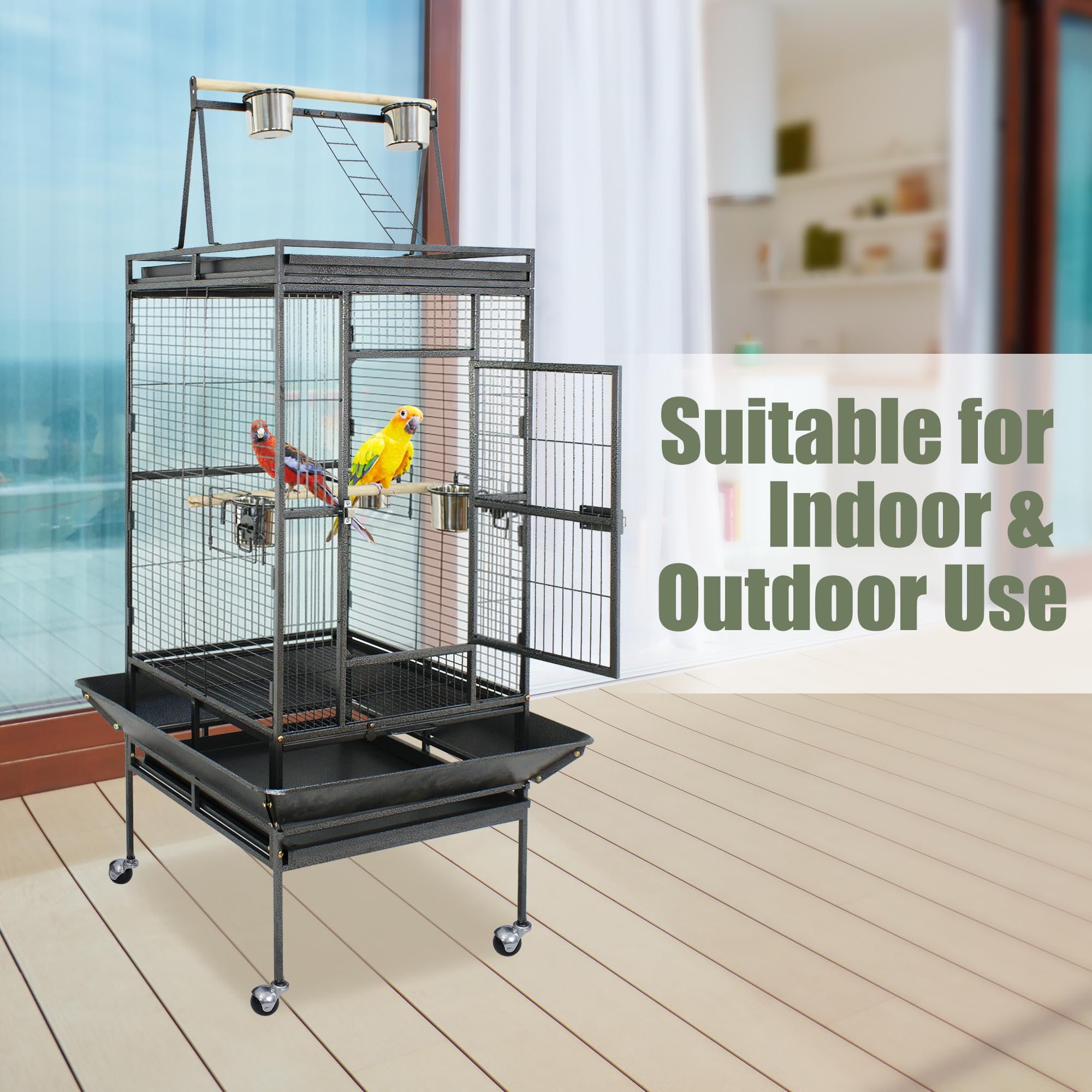 ZENY 68-Inch Birdcage, Playtop Parrot Cage, Wrought Iron Bird Cage with Rolling Stand, Heavy-Duty Pet Bird House for Parrot Cockatiel Cockatoo Parakeet Macaw Finches, Black - image 3