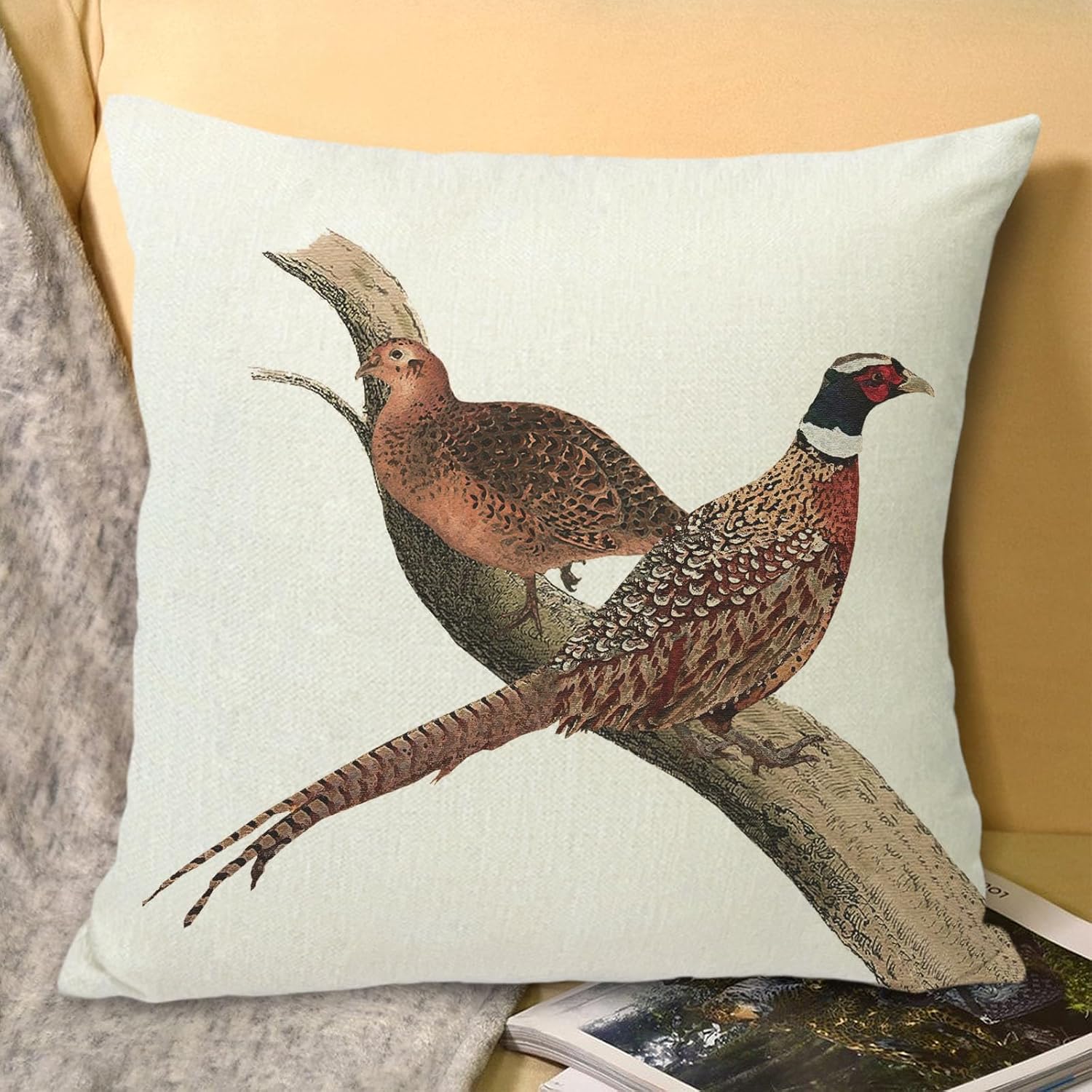 Farmhouse Burlap Pillow Covers 18 x 18 Watercolor Pheasant Decorative Pillowcase Square Linen Cushion Covers for Sofa Couch Bed Chair Home Decoration - Image 5