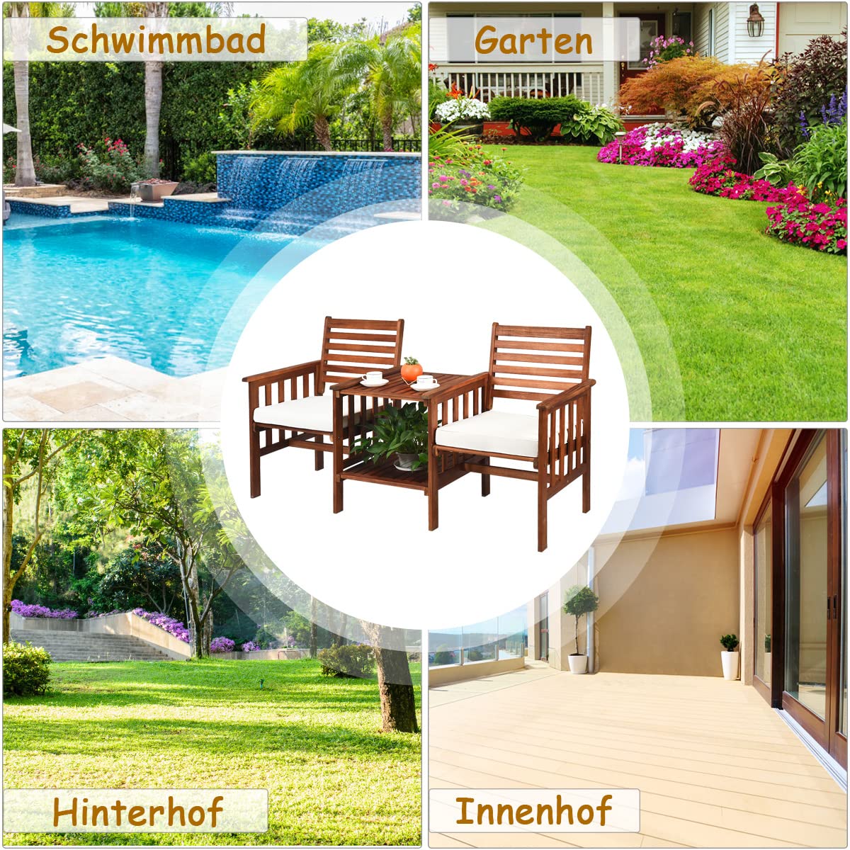 COSTWAY Gartenbank mit Tisch, 2-Sitzer Holzbank mit Sitzkissen & Schirmloch, Sitzbank aus Akazienholz bis 350 kg belastbar, Terrassenbank für Balkon, Garten, Terrasse, 165 x 65 x 88 cm