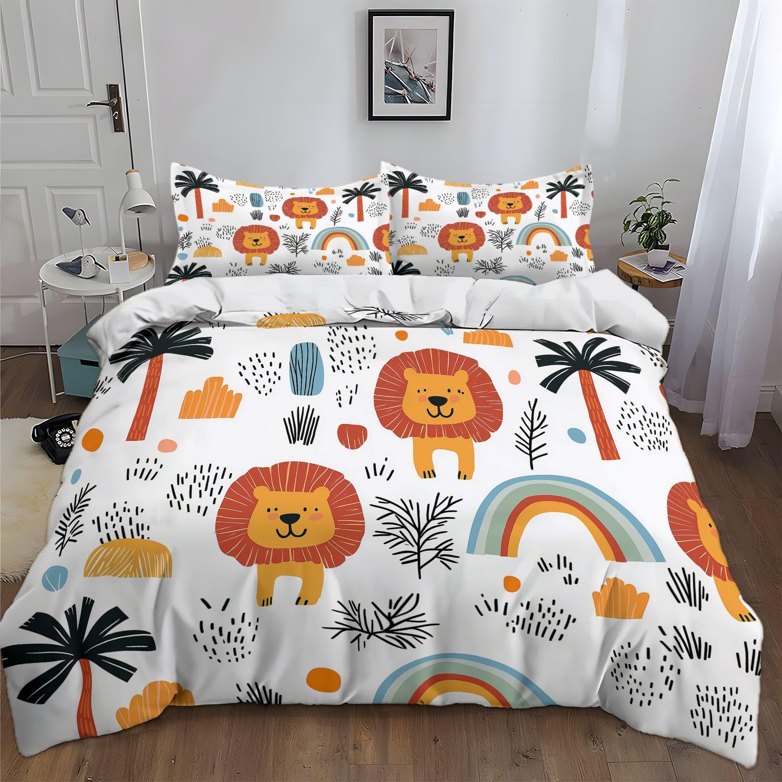 California King Duvet Cover Cartoon Lion Rainbow Palm Trees Cal King Bedding Duvet Cover Set, 3 Pieces, Soft and Breathable Comforter Cover with 2 Pillow Shams, for All Season