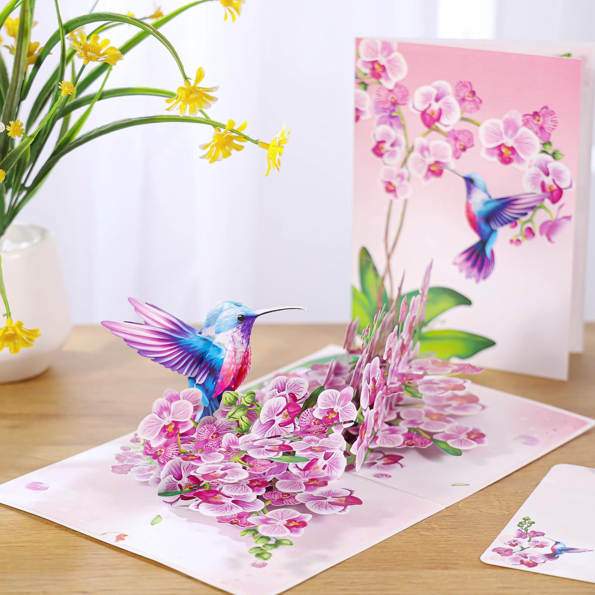 Tarjeta desplegable de colibríes y orquídeas moradas, tarjeta de San Valentín 3D, tarjeta de cumpleaños desplegable para mujeres, mamá, tarjeta emergente del día de la madre, pensando en ti, todas las