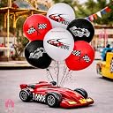 Party Warehouse Racing Car Balloon Set for Birthday - 5Pcs | Race Theme Foil Balloons for Race Lovers | Tyre & Checkered Flag Balloons for Kids/Adults Party Decorations | Red, Black & White gallery image