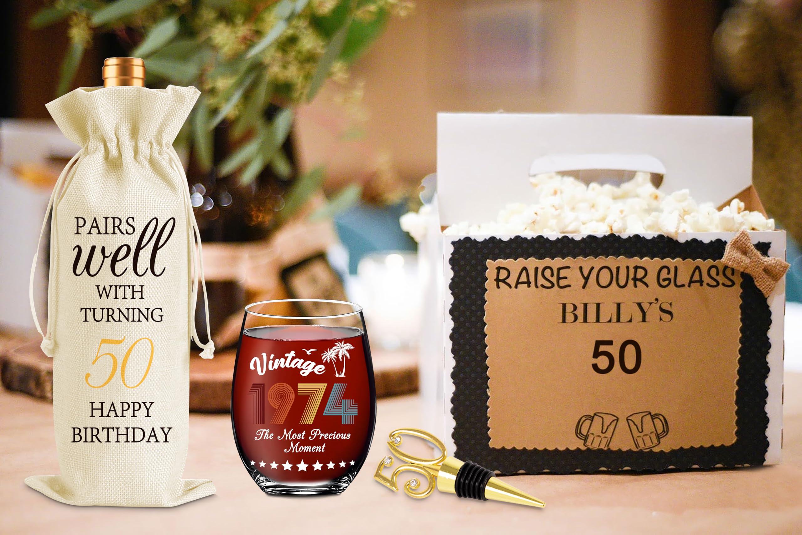 luck sea 50th Birthday Gifts Glass for Him Bottle Bag + Stopper