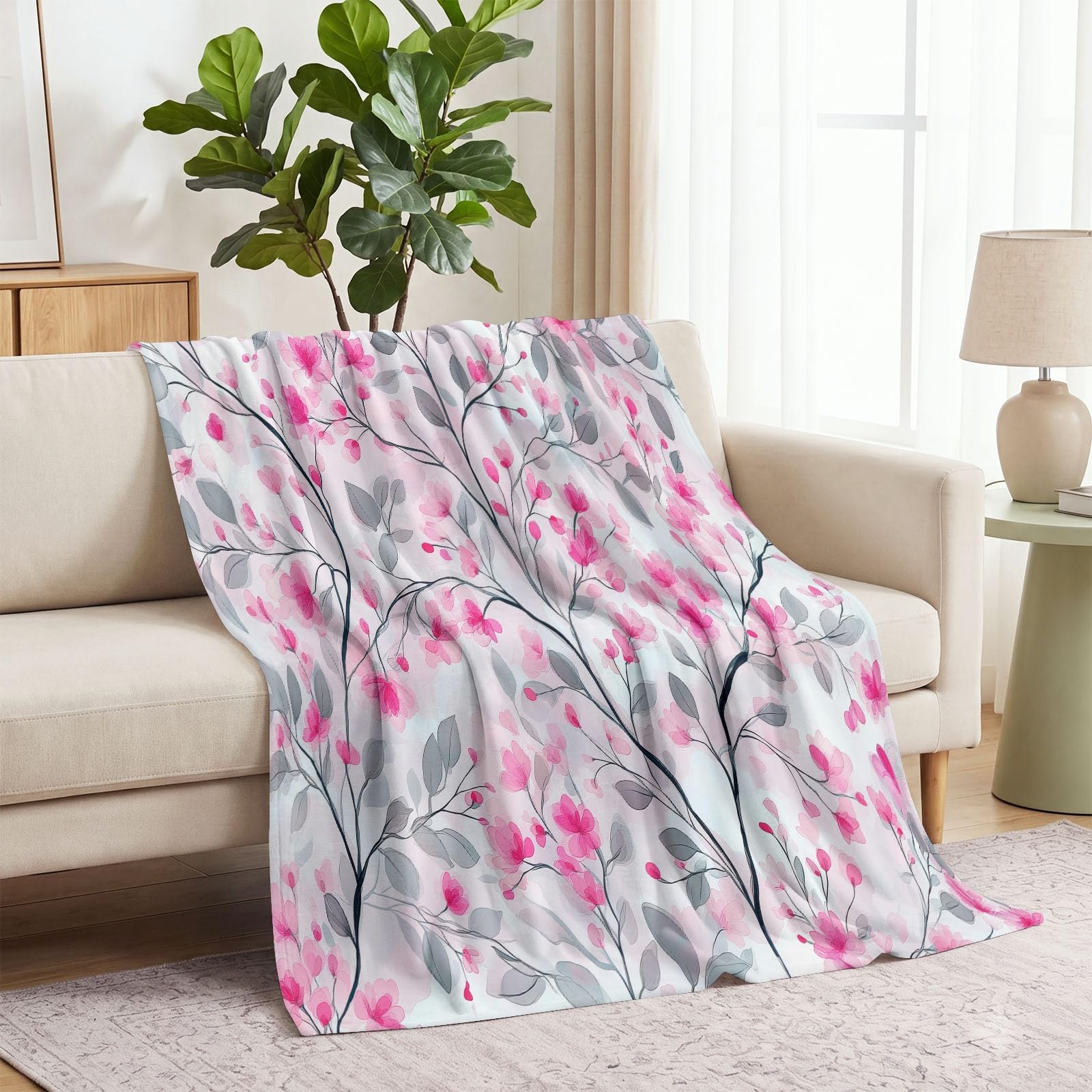 Coperta in pile acquerello botanico, morbida coperta stampata con viti a foglia floreale per adulti e bambini, coperta bianca rosa per divano, soggiorno, spiaggia, viaggi, 180 x 200 cm