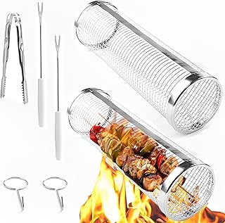 Rolling Grill Basket 2 Pcs, Grilling Baskets for Outdoor Grilling, Stainless Steel BBQ Grill Accessories Round Barbecue Me...
