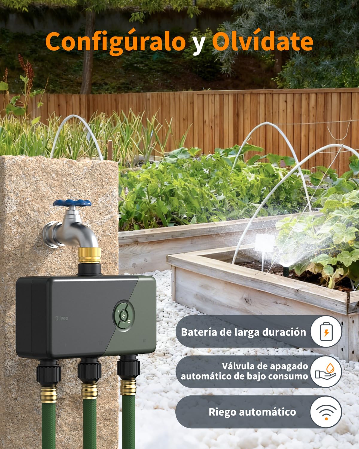 Diivoo Programador Riego WiFi 3 Zonas con Entrada de Latón, Temporizador Riego WiFi Compatible con Alexa/Google Assistant, 18 Programas de Riego, Retardo por Lluvia & Modo Niebla para Jardín y Césped
