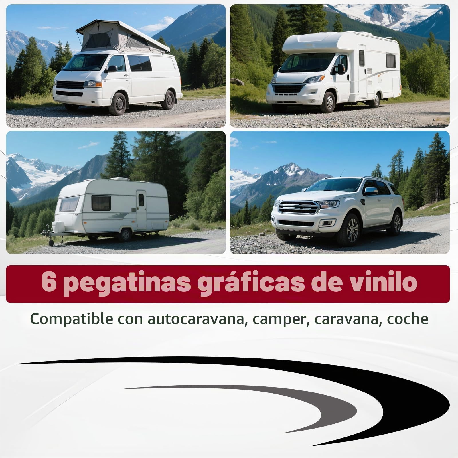 Baceyong 6 piezas gráficas de rayas de vinilo, calcomanías grandes de vinilo para caravana, remolque, autocaravana, pegatinas gráficas, vinilos para furgonetas camper, negro, gris