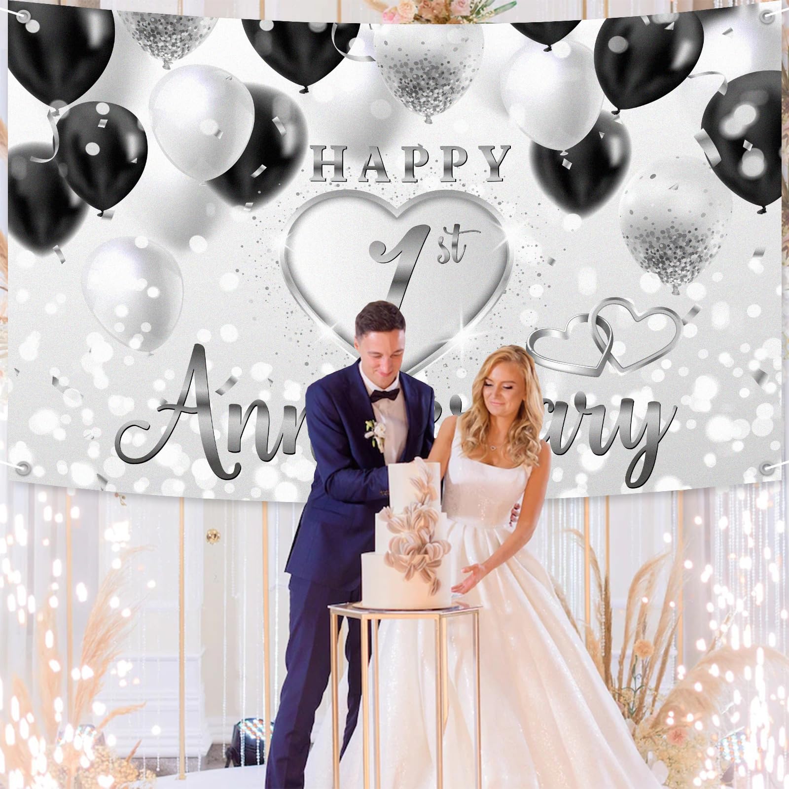 Amazon.com : Happy 1st Anniversary Backdrop Banner Decor Silver - Love  Heart Cheers to 1 Year Wedding Anniversary Party Theme Decorations for  Couple Men Women Supplies : Electronics