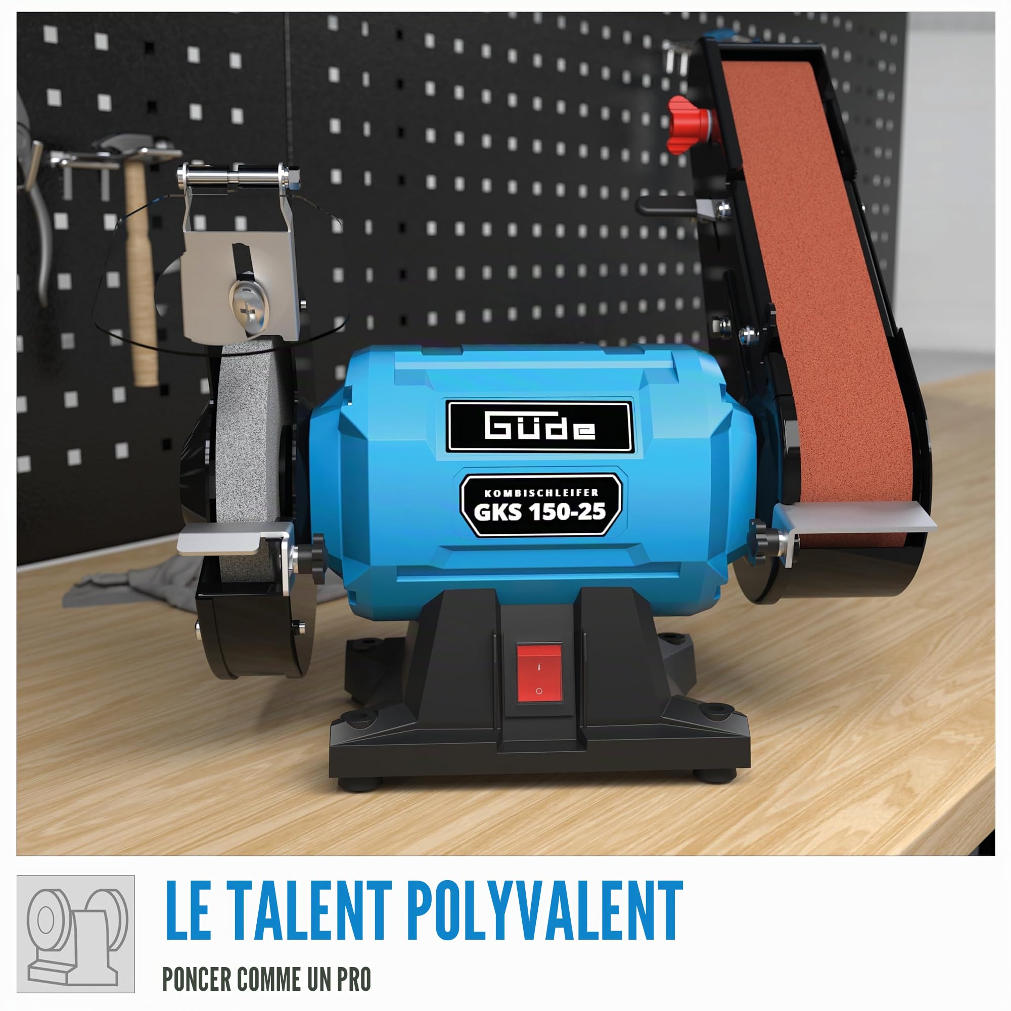 Güde Ponceuse combinée GKS 150-25 (250 W, 2980 tr/min, moteur à condensateur, pied de machine stable, dispositif de protection contre les étincelles réglable, disque de ponçage fin Ø 150 mm 36 K,
