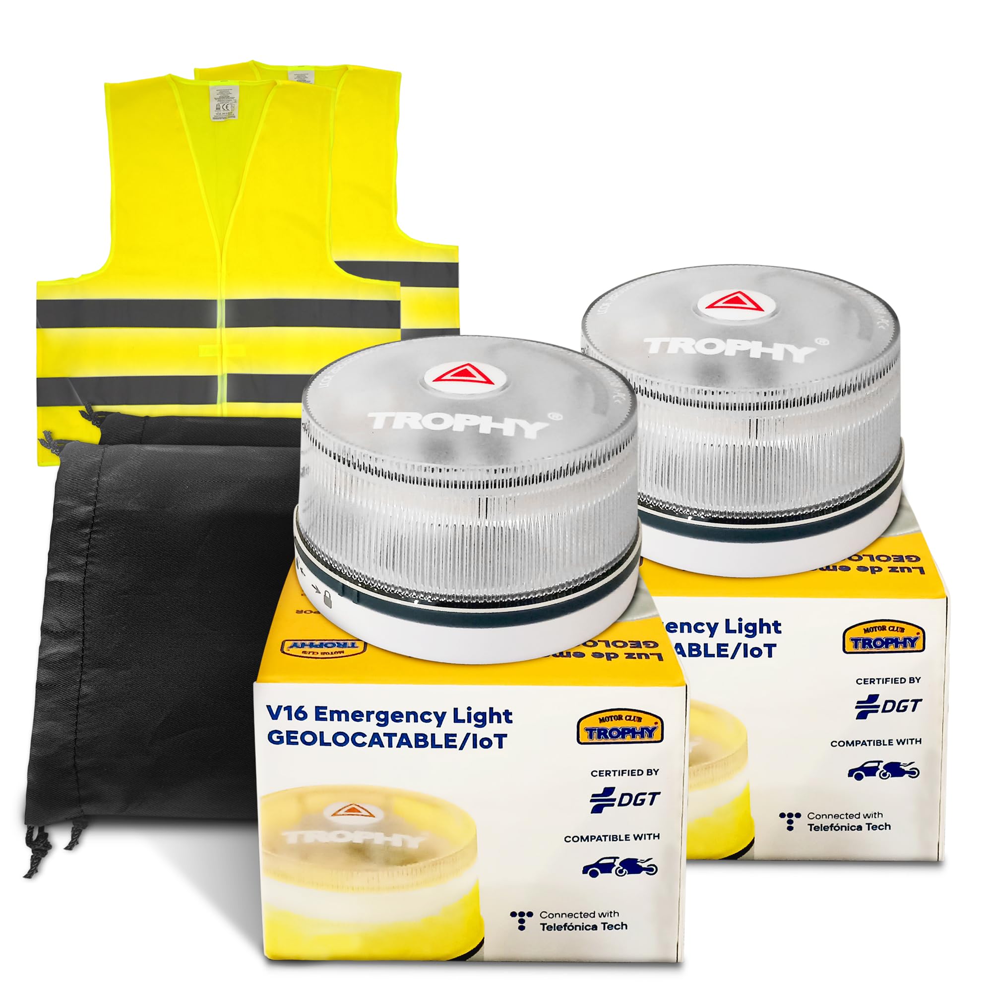 Pack 2 Baliza V16 Homologada DGT 3.0 con Geolocalización + Chaleco + Bolsa | Kit Emergencia Coche | Luz LED 360° 1 km | Pila 9V | DGT 2026–2038 Sin Suscripción