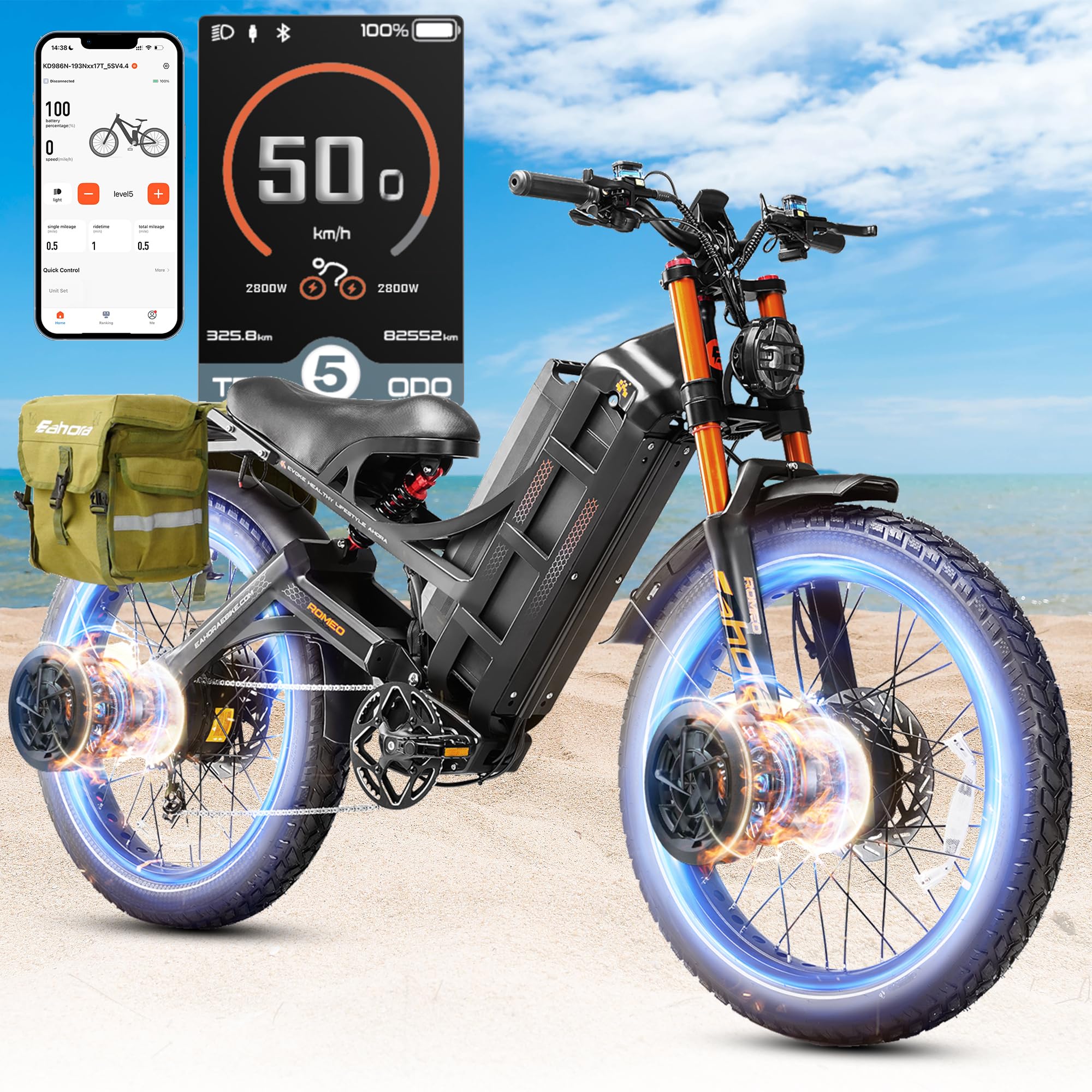 eAhora 2025 Romeo Pro 2/3 46-50Mph Electric Bike for Adults, Peak 5600W/4000W Dual Motor Ebike, 60V 80Ah/52V 70Ah 200+Miles Long Range E Bike, 26 * 4.0" Fat Tire, Full Suspension, All Terrain, UL2849