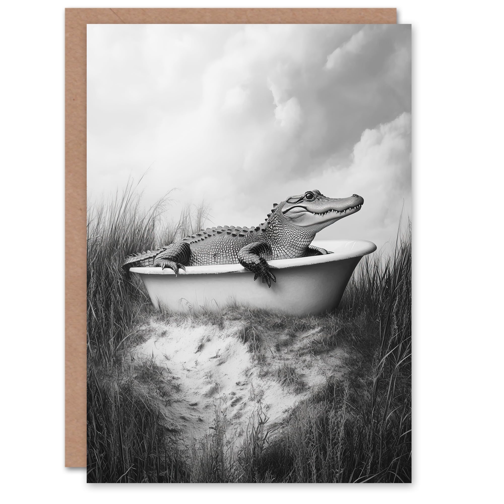 Artery8 Greeting Card Cute Alligator in Bathtub Black White Fun Cheeky Blank For Him Or Her Art Birthday Card