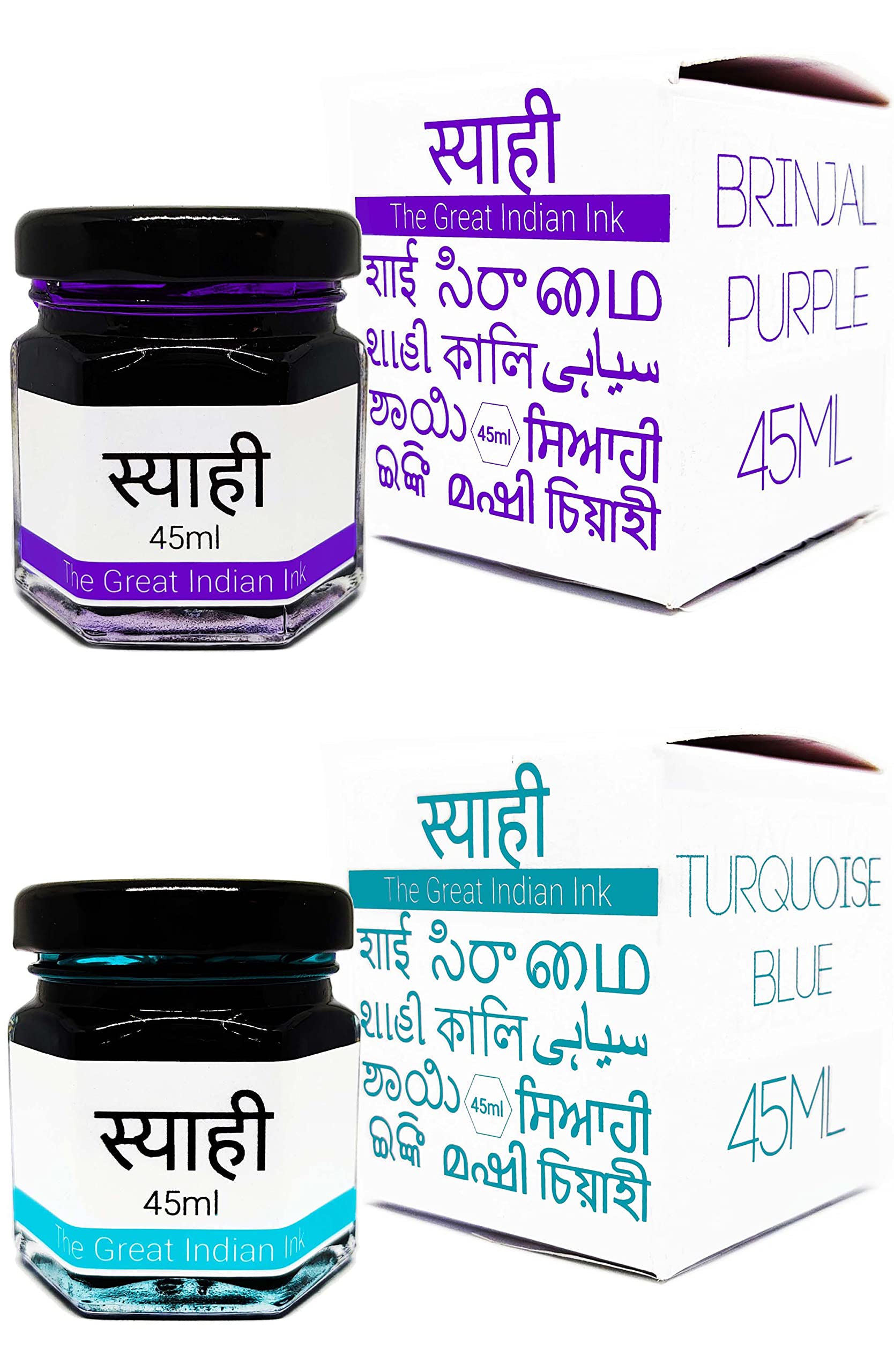 Syahi - The Great Indian Ink - Fountain Pen, Calligraphy, Drawing, Doodle, V5, V7, Trimax (Turquoise-Blue-Brinjal-Purple)