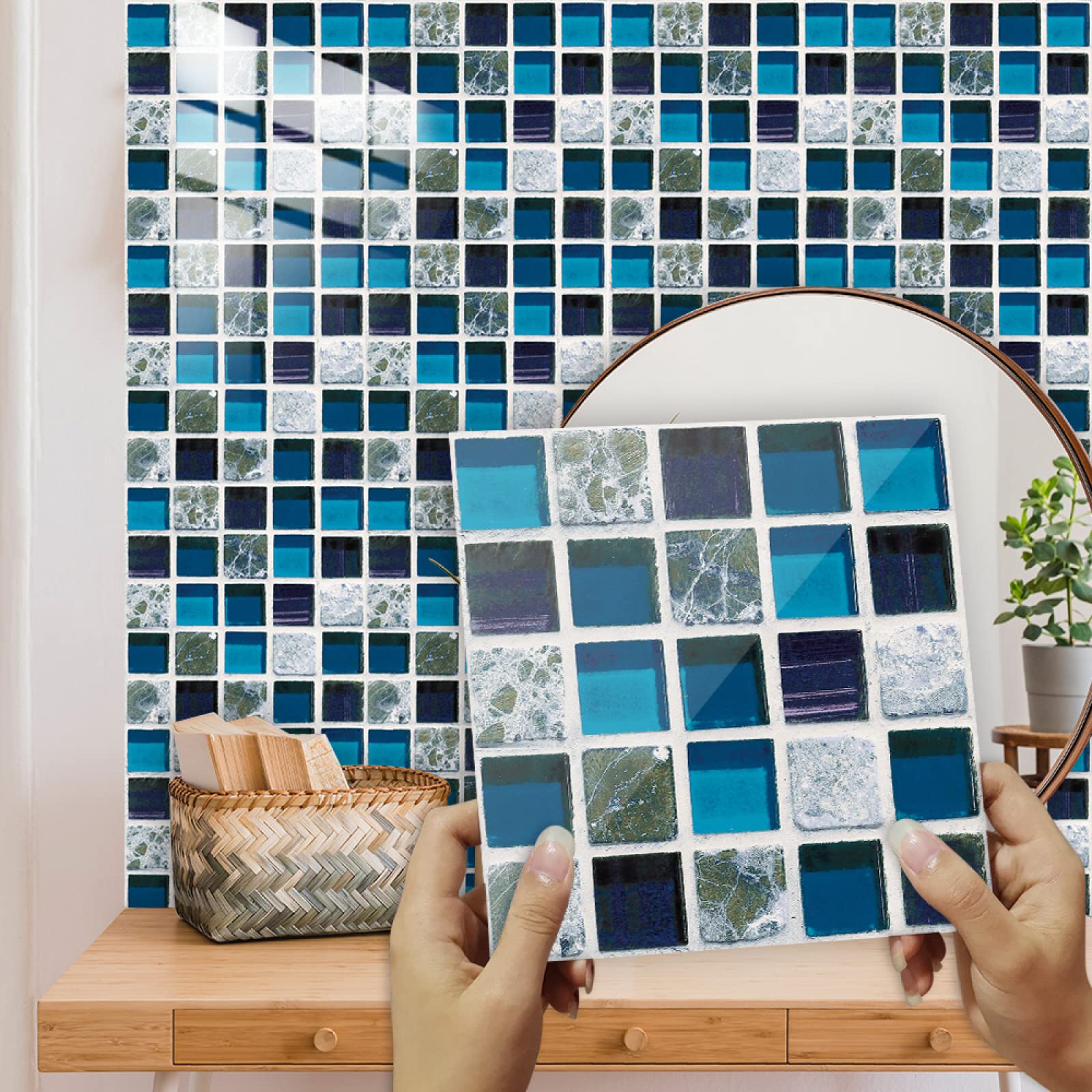LMYSXAOZ Tile Stickers Marble Blue Green Stick On Tiles PVC for Kitchen Heat Resistant Self Adhesive Walls Waterproof Peel and Floor Bathroom Wallpaper 10x10cm/10 pcs