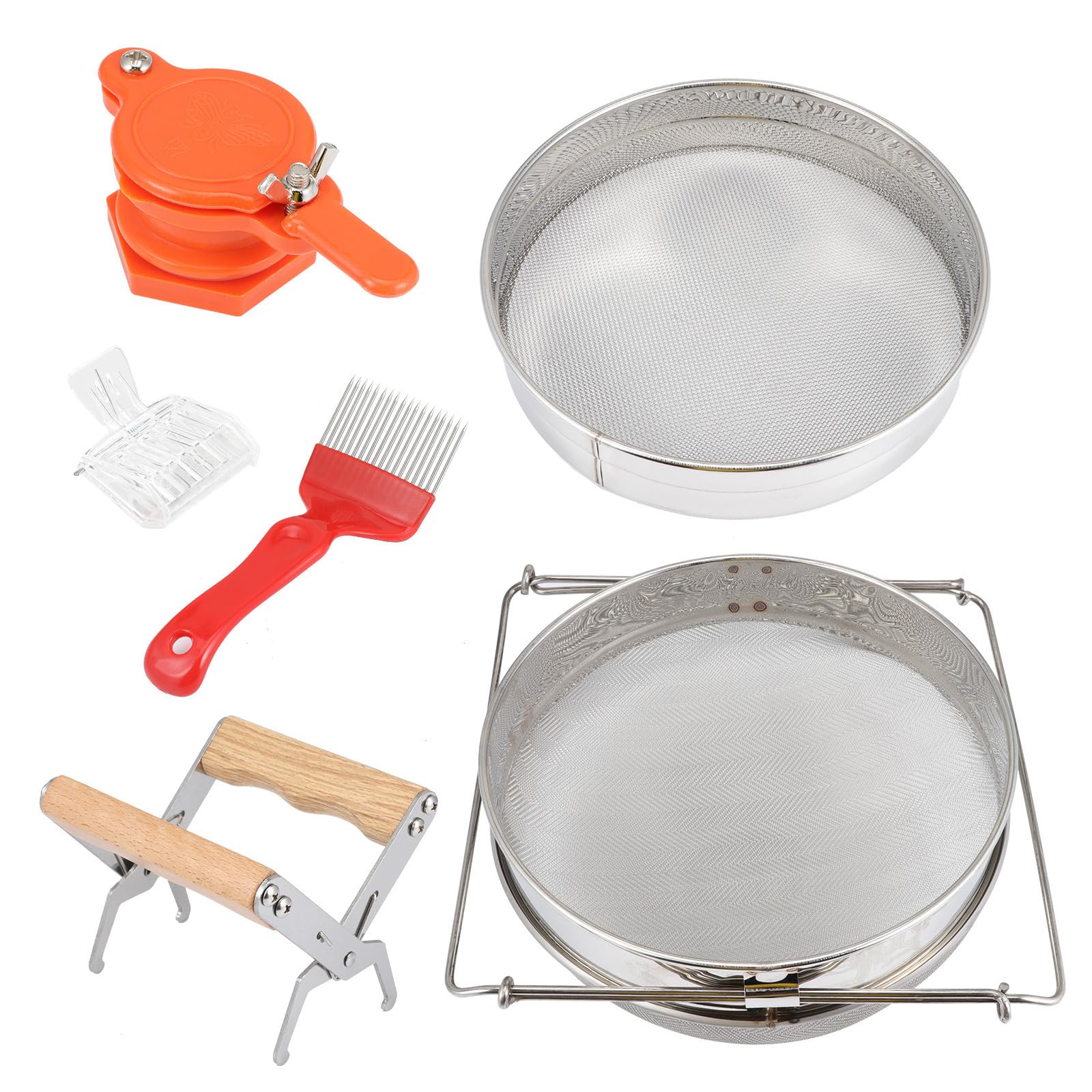 Abaodam Herramientas de Apicultura, Equipo para Apicultores, Kit de Acero Inoxidable y Plástico Doble Filtro, Salida de Miel, Pinza Capturadora de Reinas, Pinza para Cuadros y Tenedor
