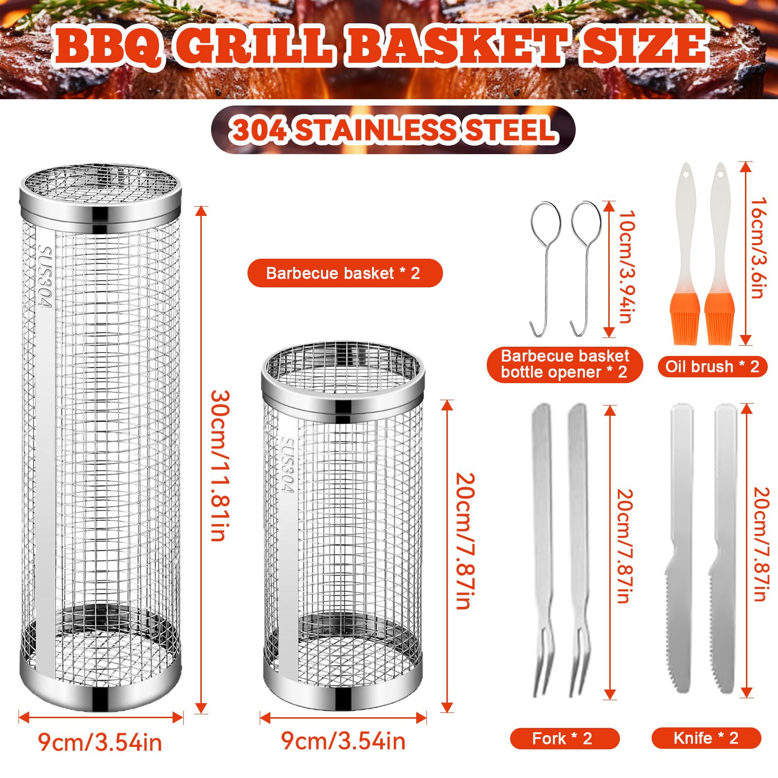 Panier à Griller Roulant 2 Pièces, Acier Inoxydable 304 avec Support & Brosse, pour Légumes, Frites, Poisson, Accessoires Grill pour Extérieur Camping Jardin, Cadeau Homme ou Papa