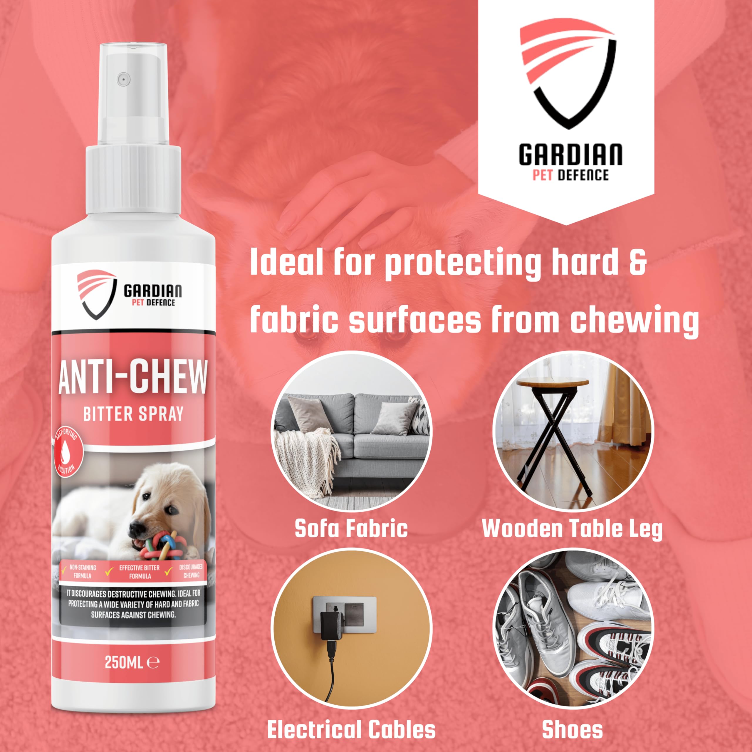 Gardian Spray anti masticazione per cani, formula amara, deterrente e repellente per cani, blocca mobili, corde e zampe, aiuto per l'addestramento dei cuccioli, 250 ml