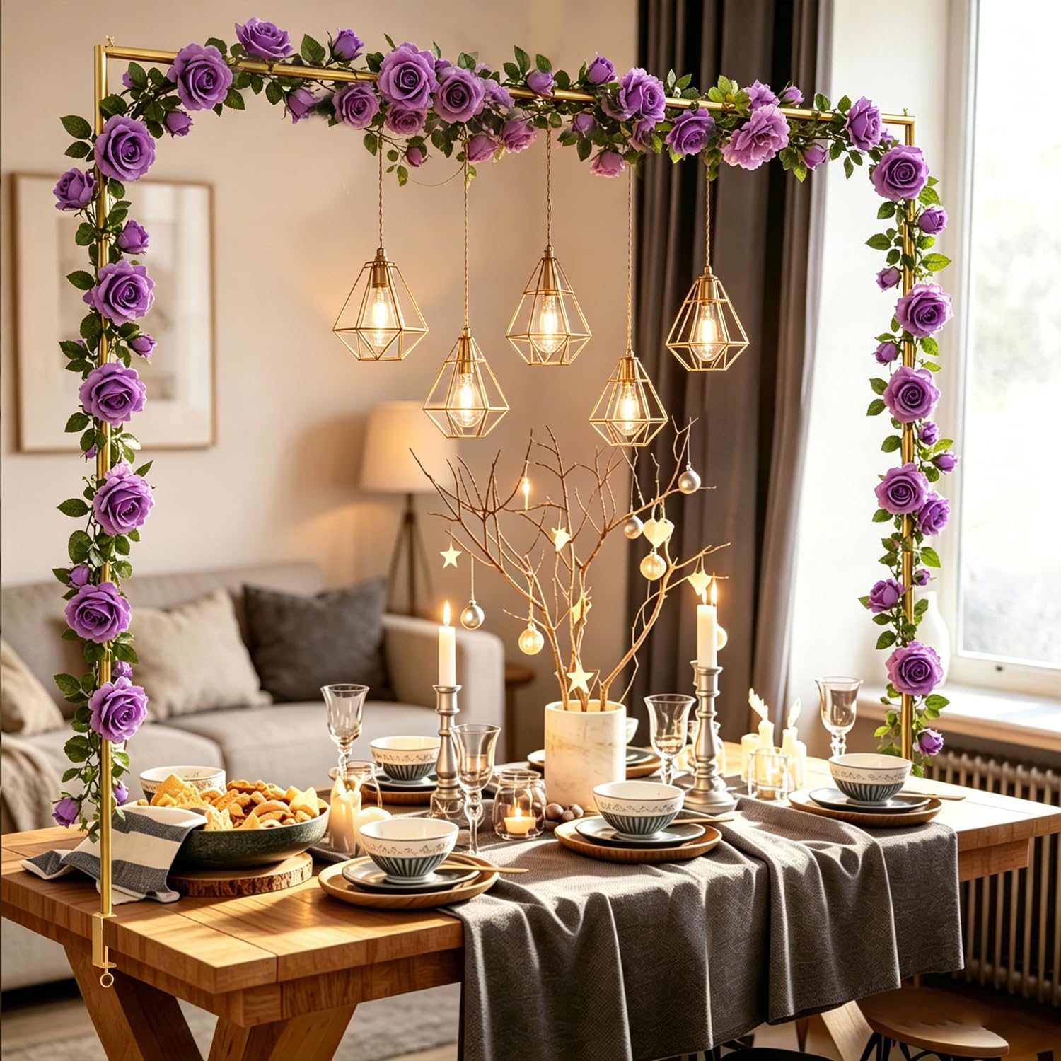 Photo 1 of SHIJING Upgraded Over The Table Rod Stand with Clamps, Adjustable 28"-69" Tall 31"-98" Length, Metal Gold Table Arch Hanging for Wedding Birthday Halloween Christmas Party