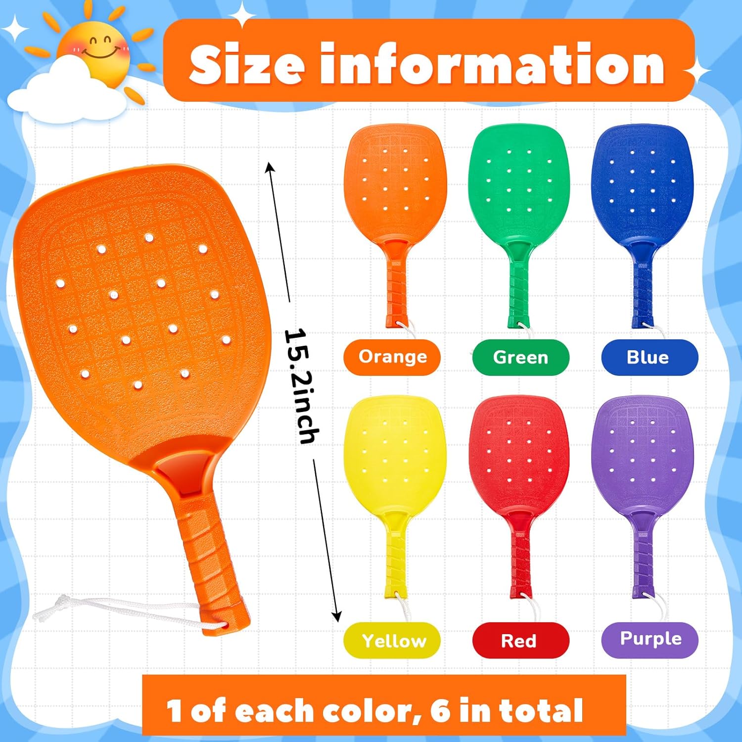 Seenelling Plastic Paddleball Racket PE Equipment for Elementary School with Lanyard Classes Equipment, 15.2 x 7.5 Inches