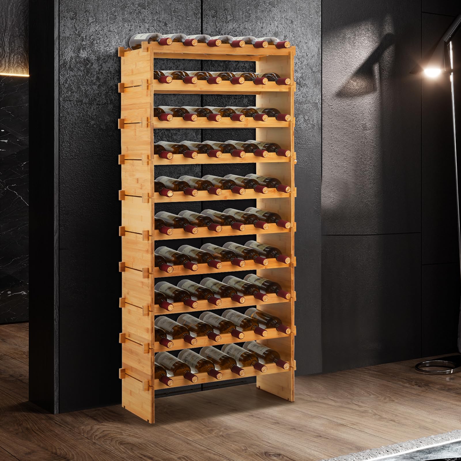 Weinregal Bambus Design – Stapelbarer Flaschenständer für 60 Flaschen, AA-Qualität, Ohne Schrauben, Platzsparend – Ideal für Keller, Bar, Küche & Esszimmer