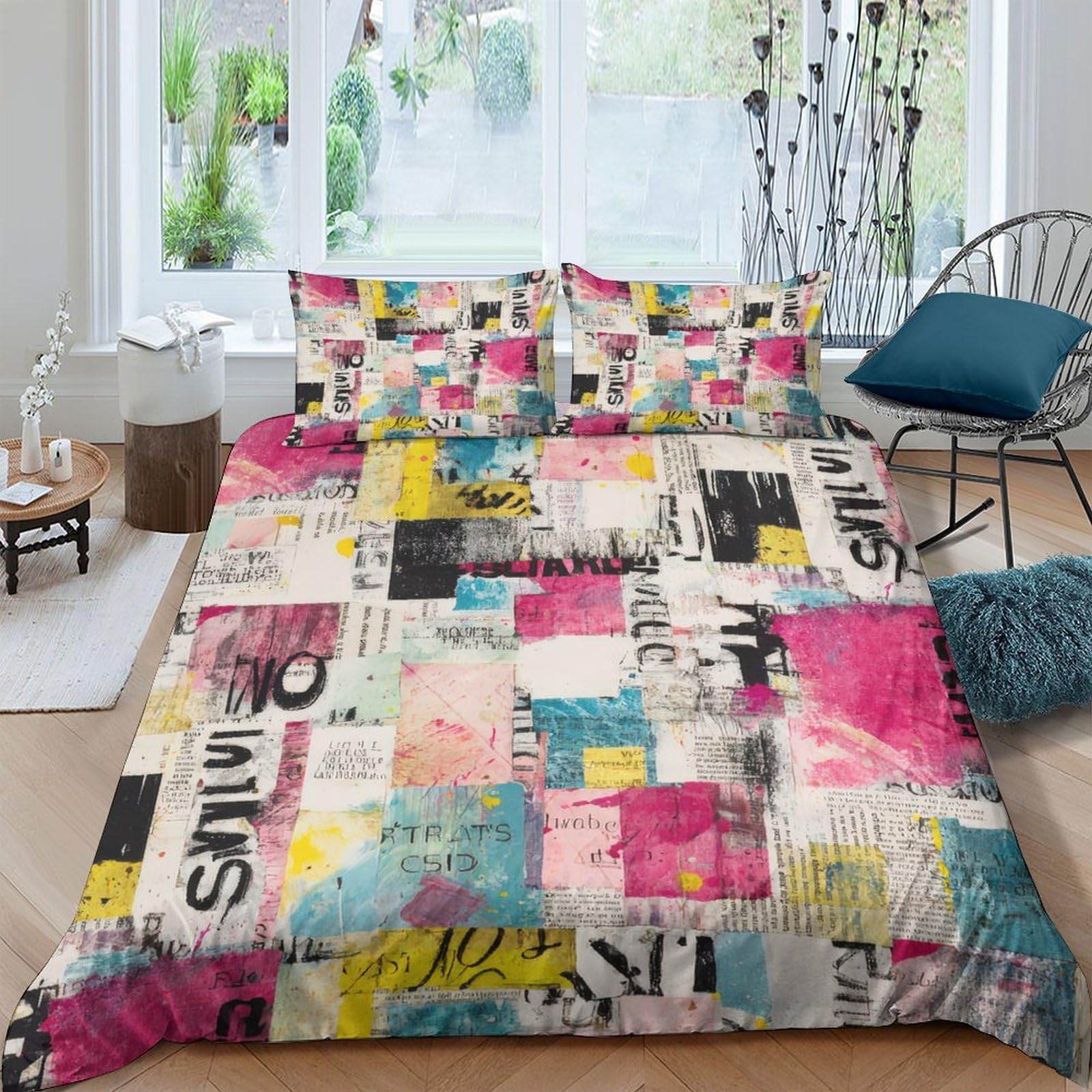 GPLZQXKJNH 3D Printed Abstract Graffiti Duvet Cover Microfiber Soft Breathable Color Block Quilt Cover Set with 2 Pillowcases for Bedroom Home Decor Single（135x200cm）