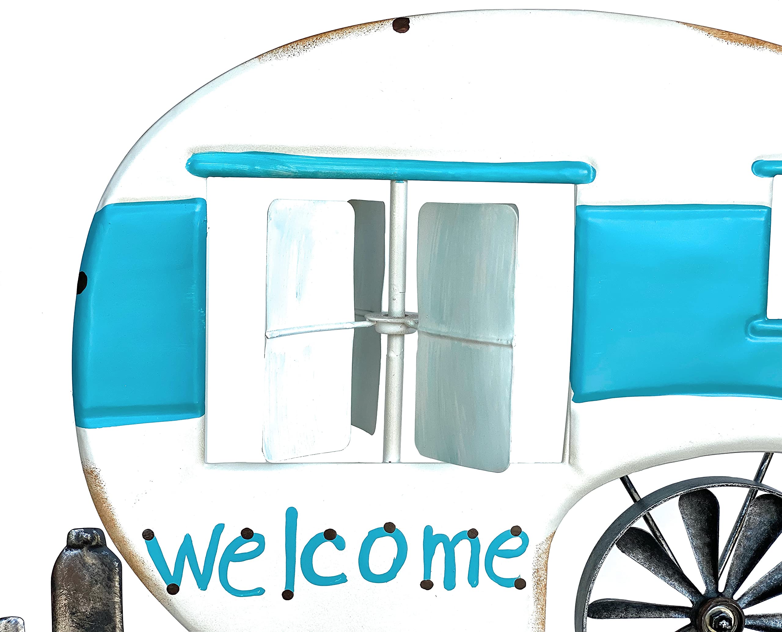 DanDiBo Gartenstecker Metall Wohnwagen XL 160 cm Blau Weiß Caravan 96103 Windspiel Willkommen Windrad Wetterfest Gartendeko Gartenstab Bodenstecker Camper